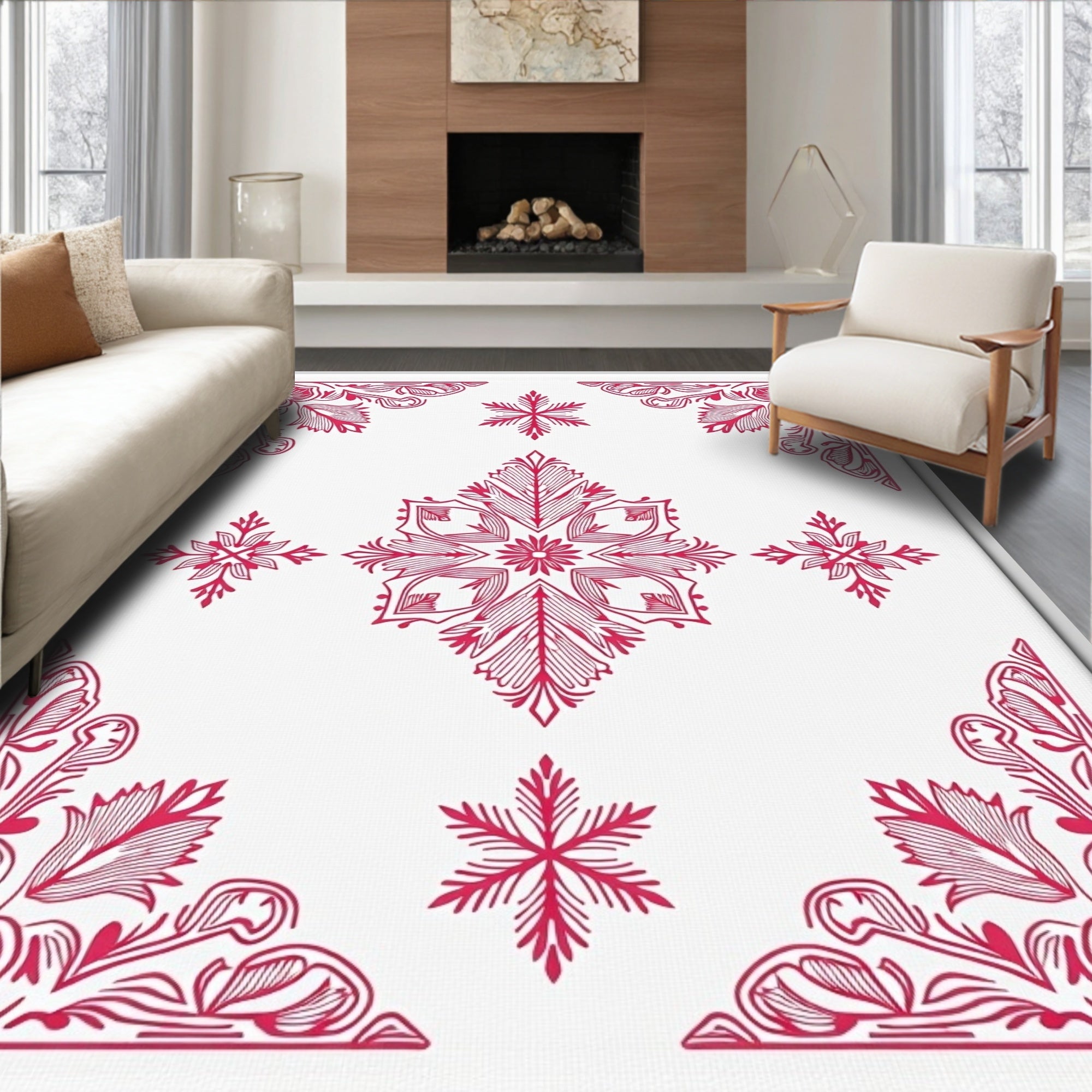 Crimson Floral Medallion Snowflake Arrangement Rug