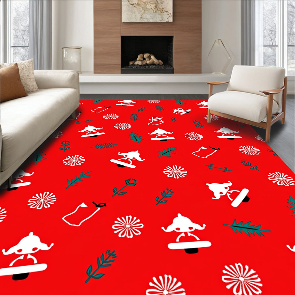 Red White Green Whimsical Folk Elements Rug