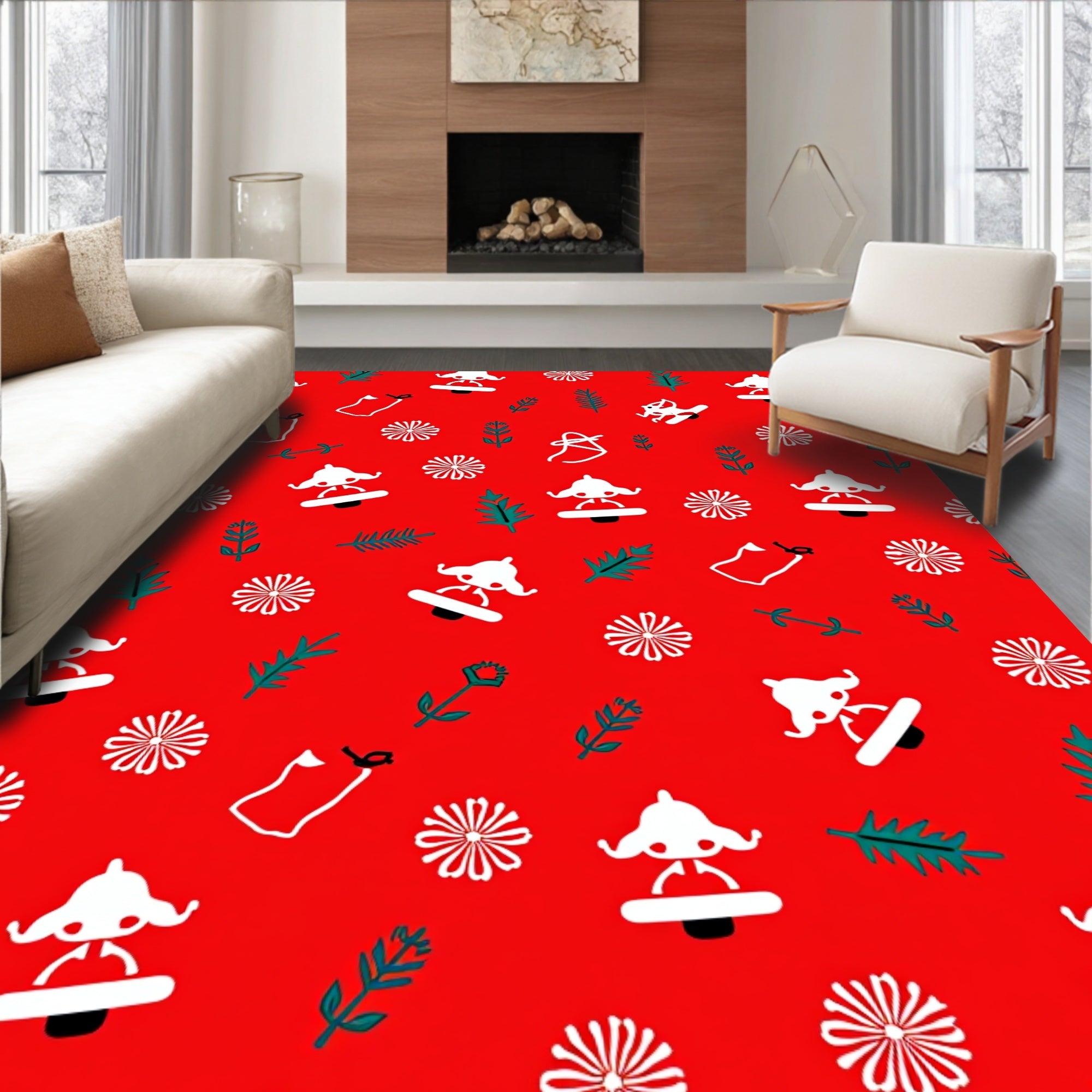 Red White Green Whimsical Folk Elements Rug