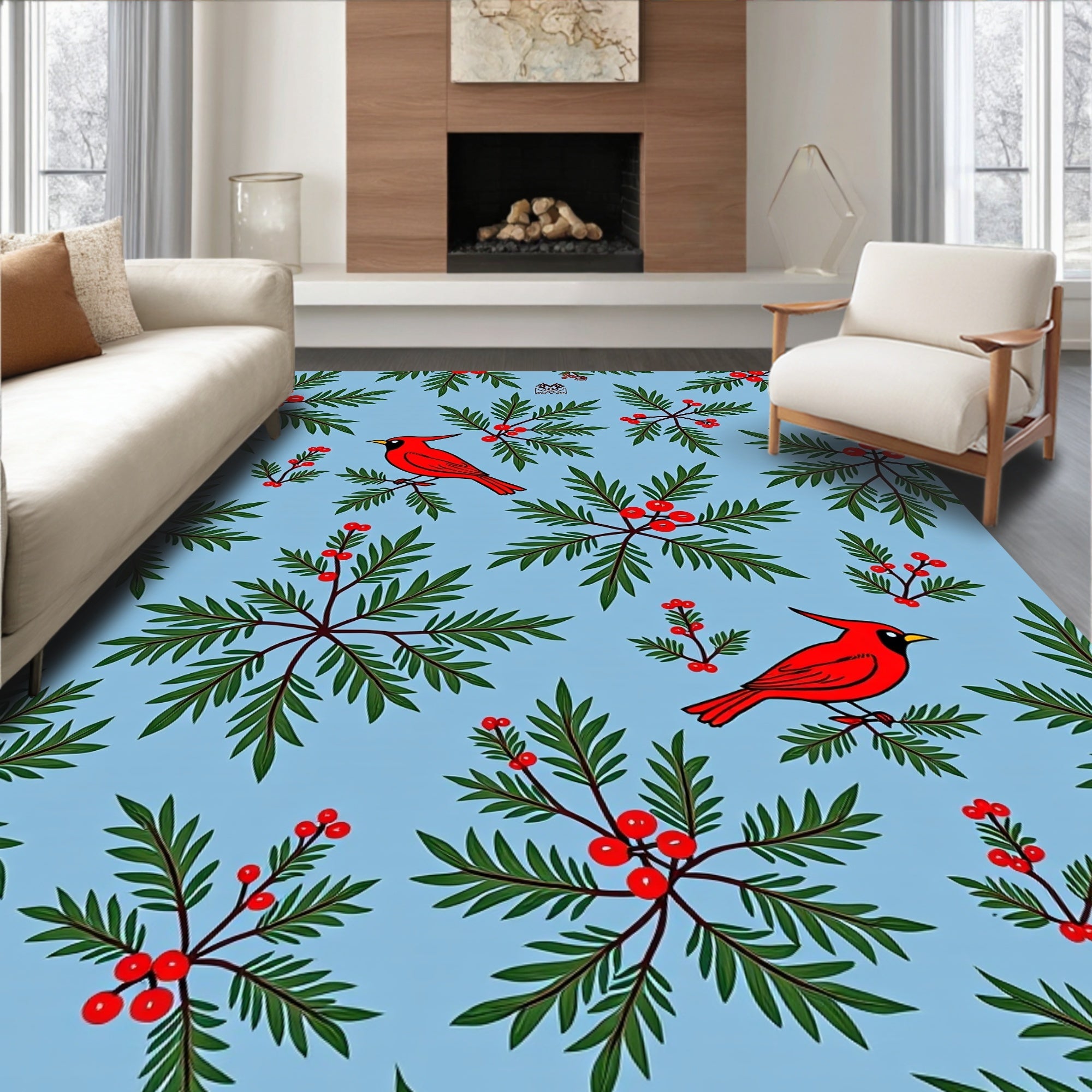 Crimson Cardinal Winterberry Branch Rug