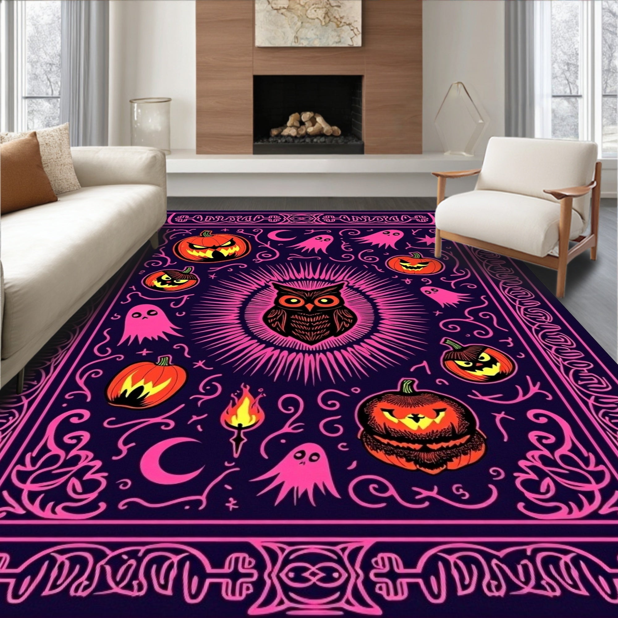 Spooky Owl Jack-o-Lantern Pink Ghost Medallion Rug
