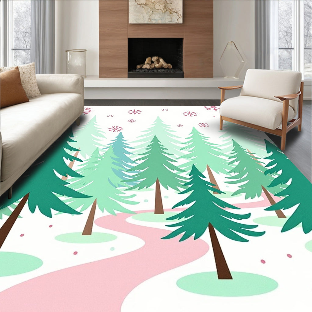 Winter Evergreen Forest Pink Path Rug