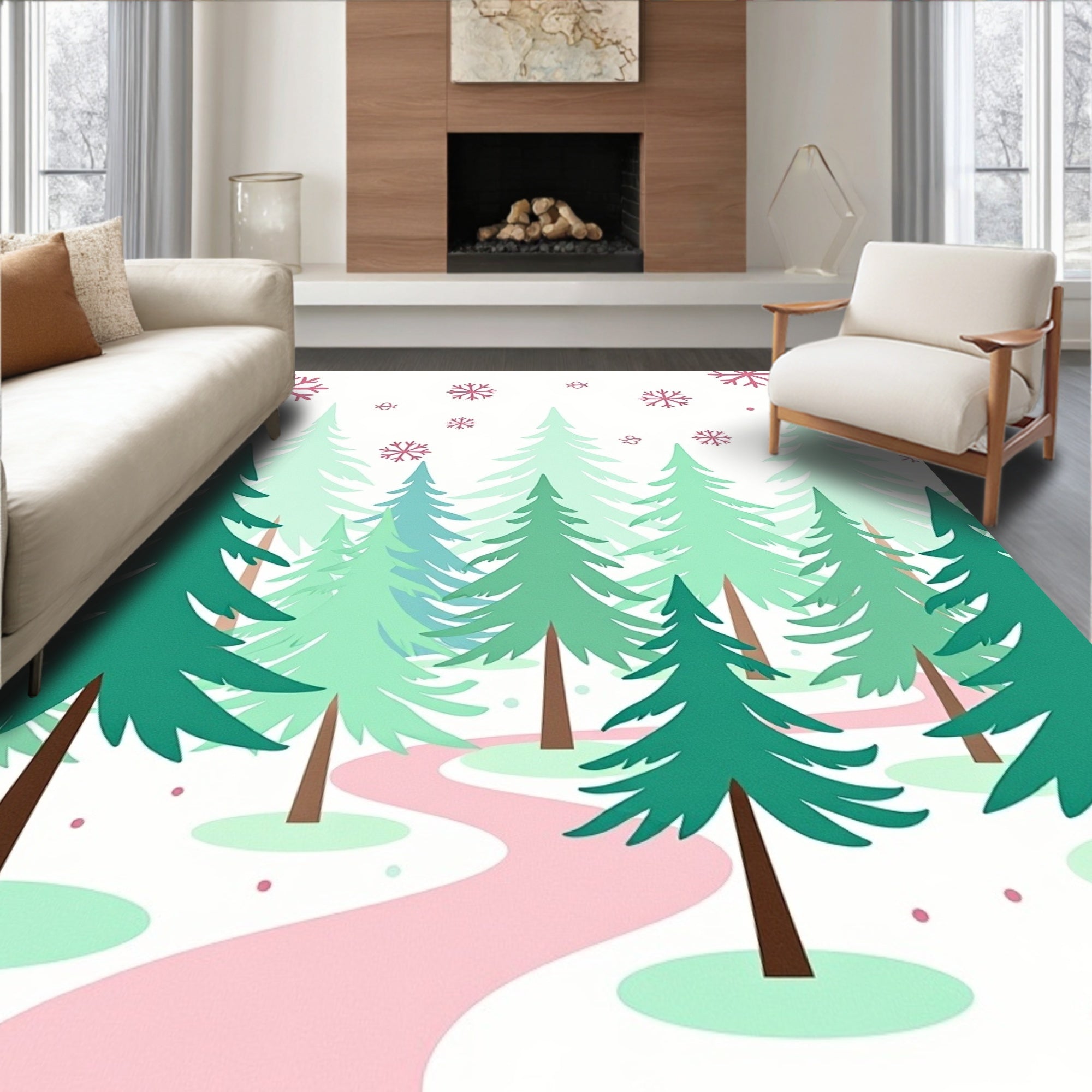 Winter Evergreen Forest Pink Path Rug