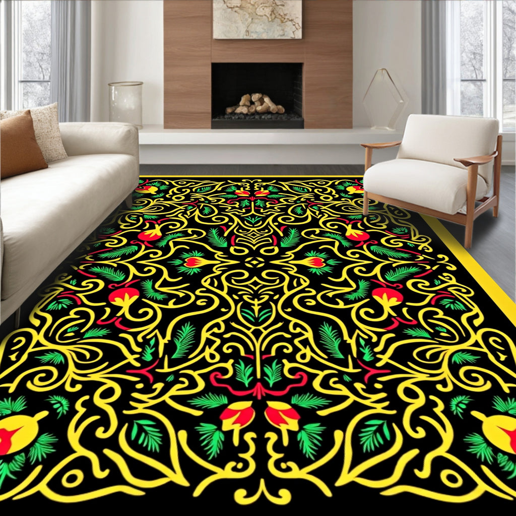 Vibrant Yellow Red Floral Swirl Rug