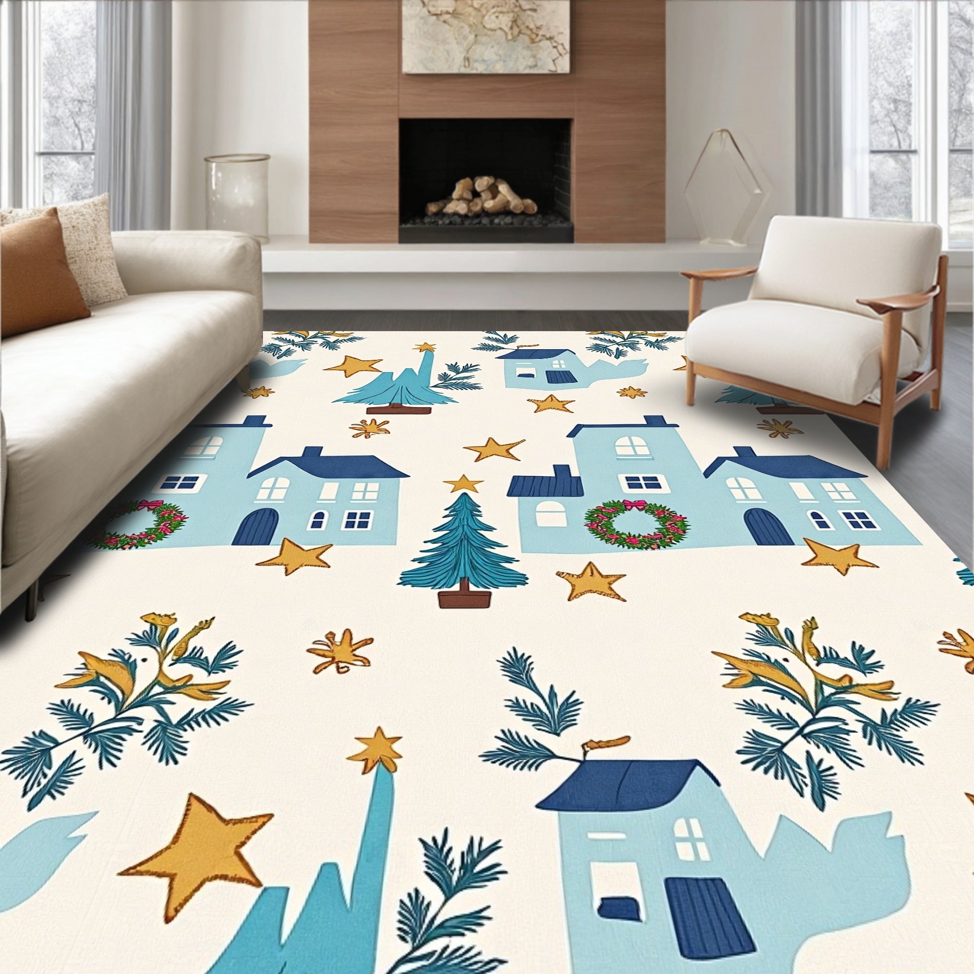 Winter Town Stars Trees Wreath Rug