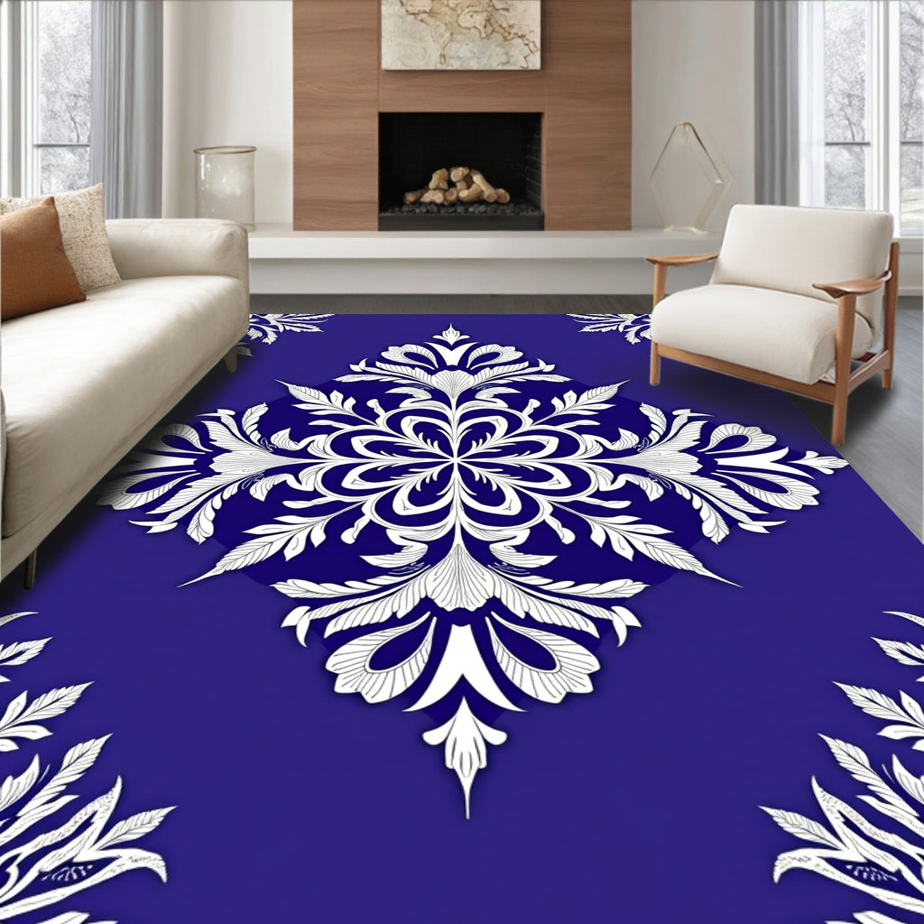 Deep Blue White Floral Medallion Rug