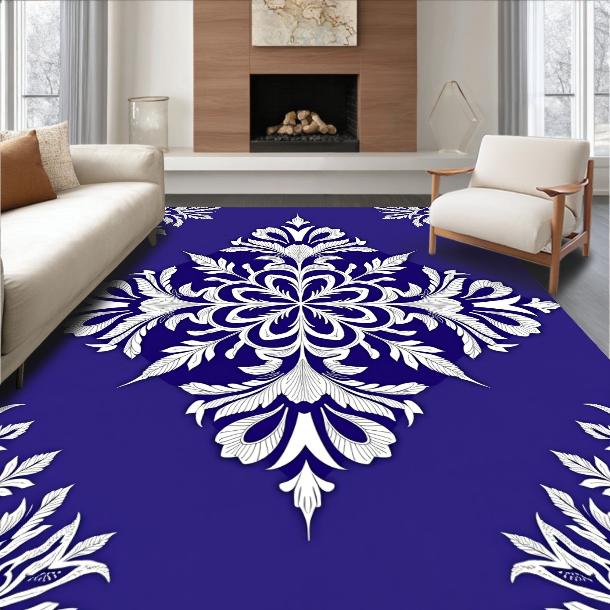 Deep Blue White Floral Medallion Rug