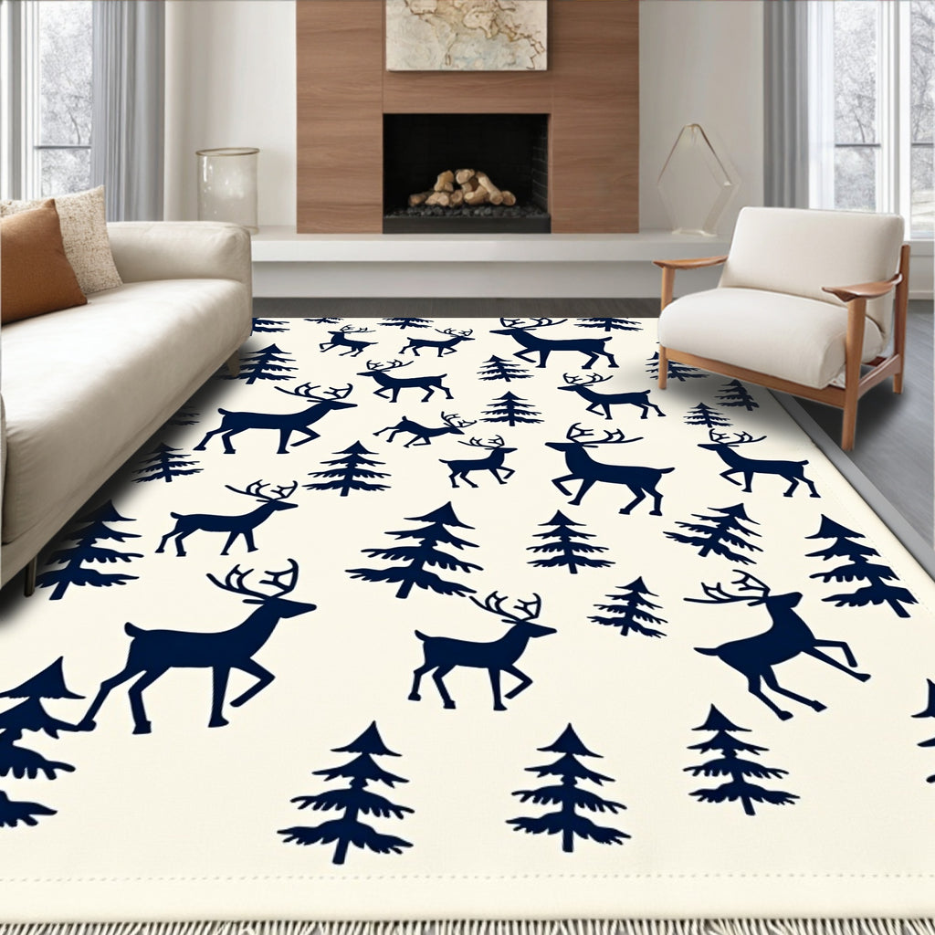 Navy Deer Forest Scene Rug