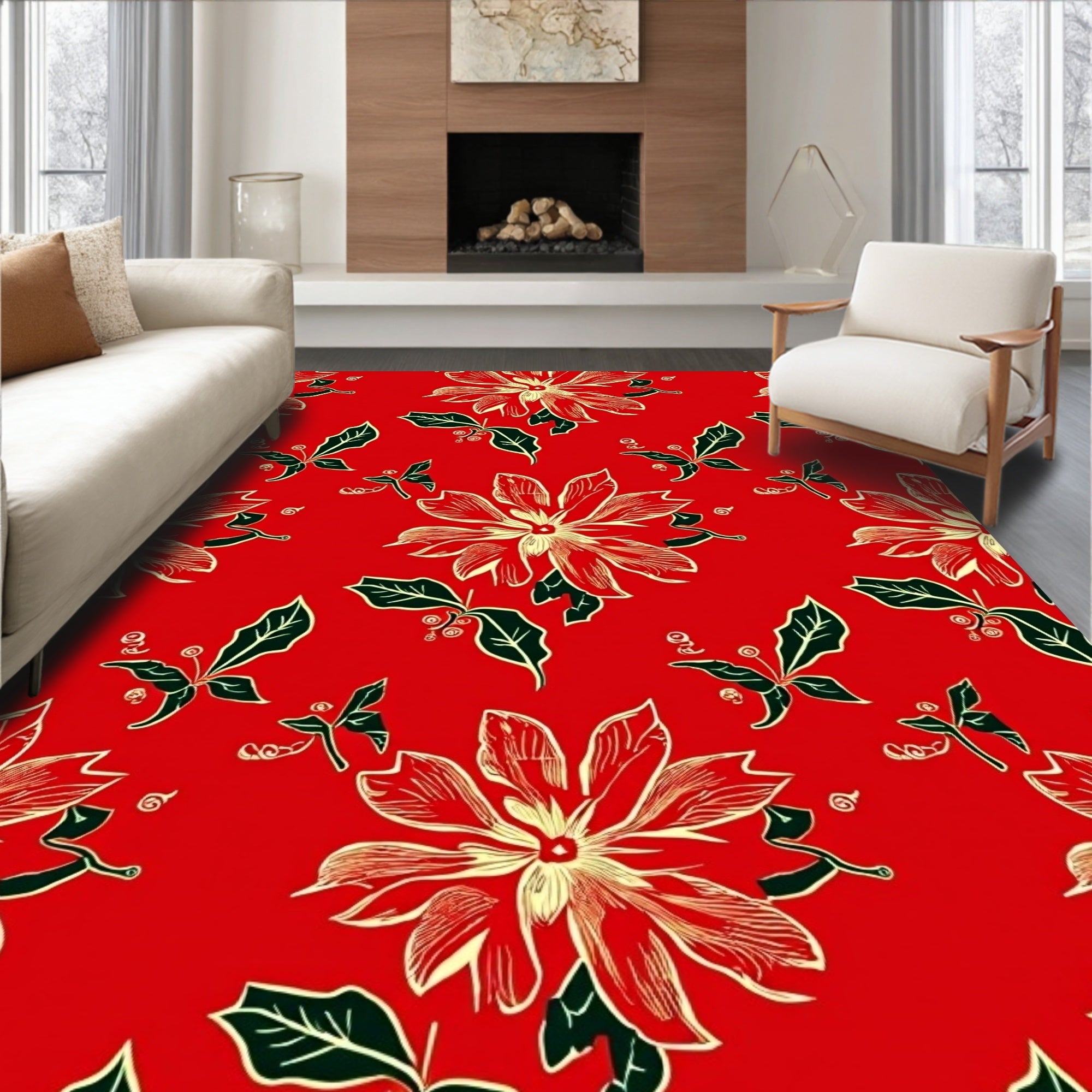 Red Floral Botanical Garden Elements Rug
