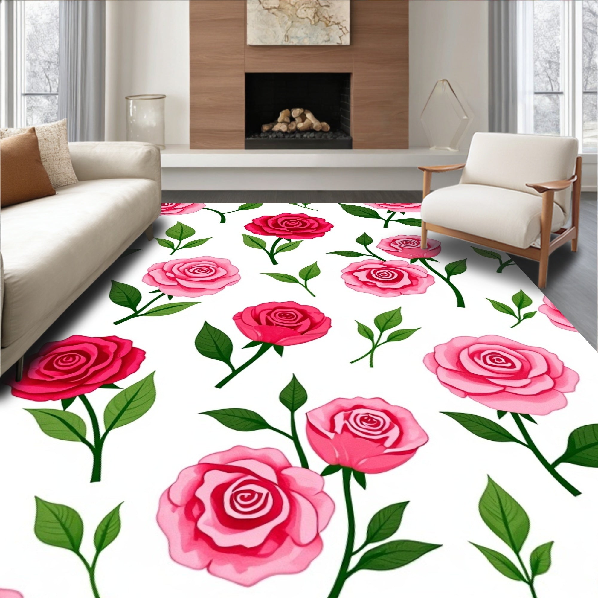 Romantic Pink Rose Garden Floral Rug