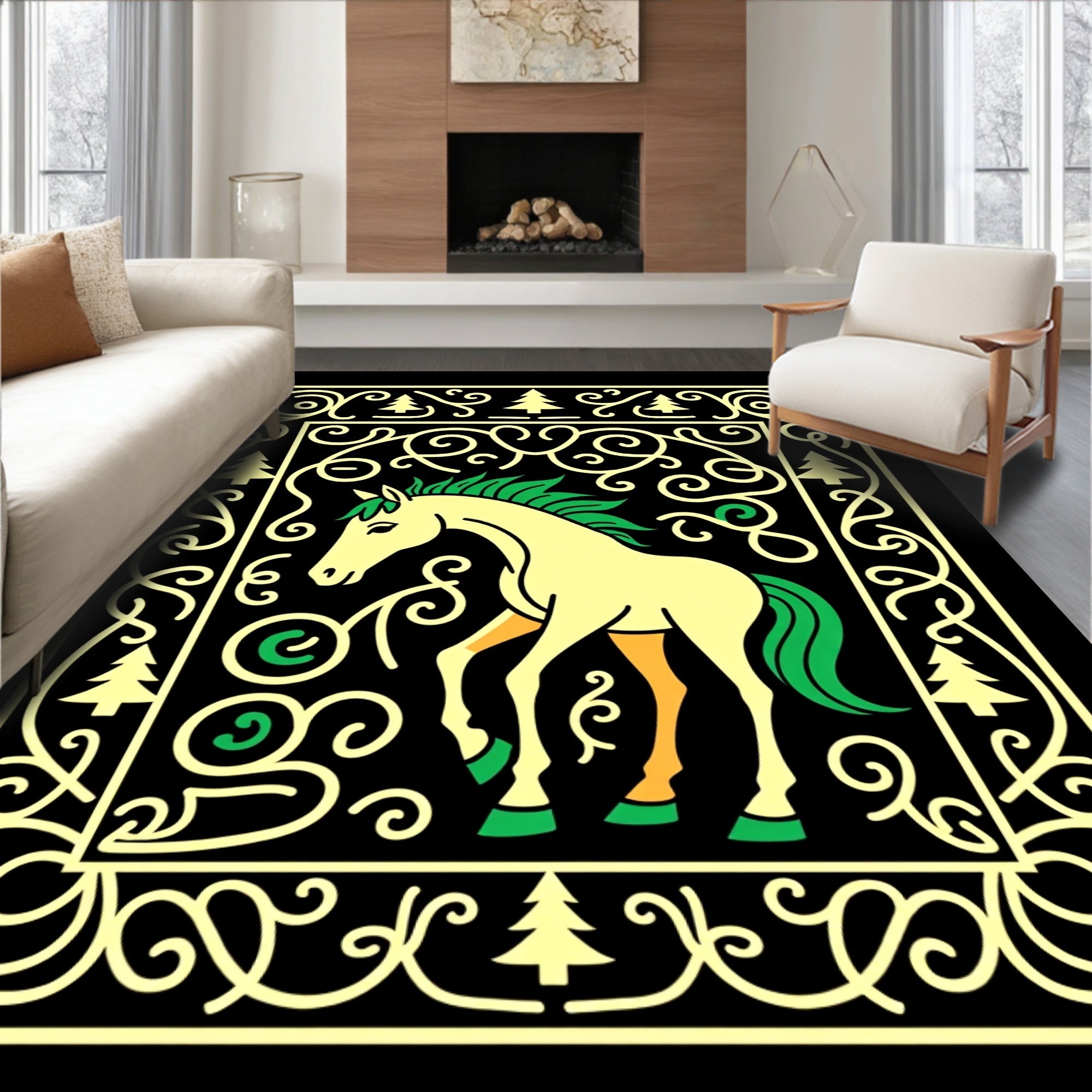 Yellow Horse With Green Mane Border Rug