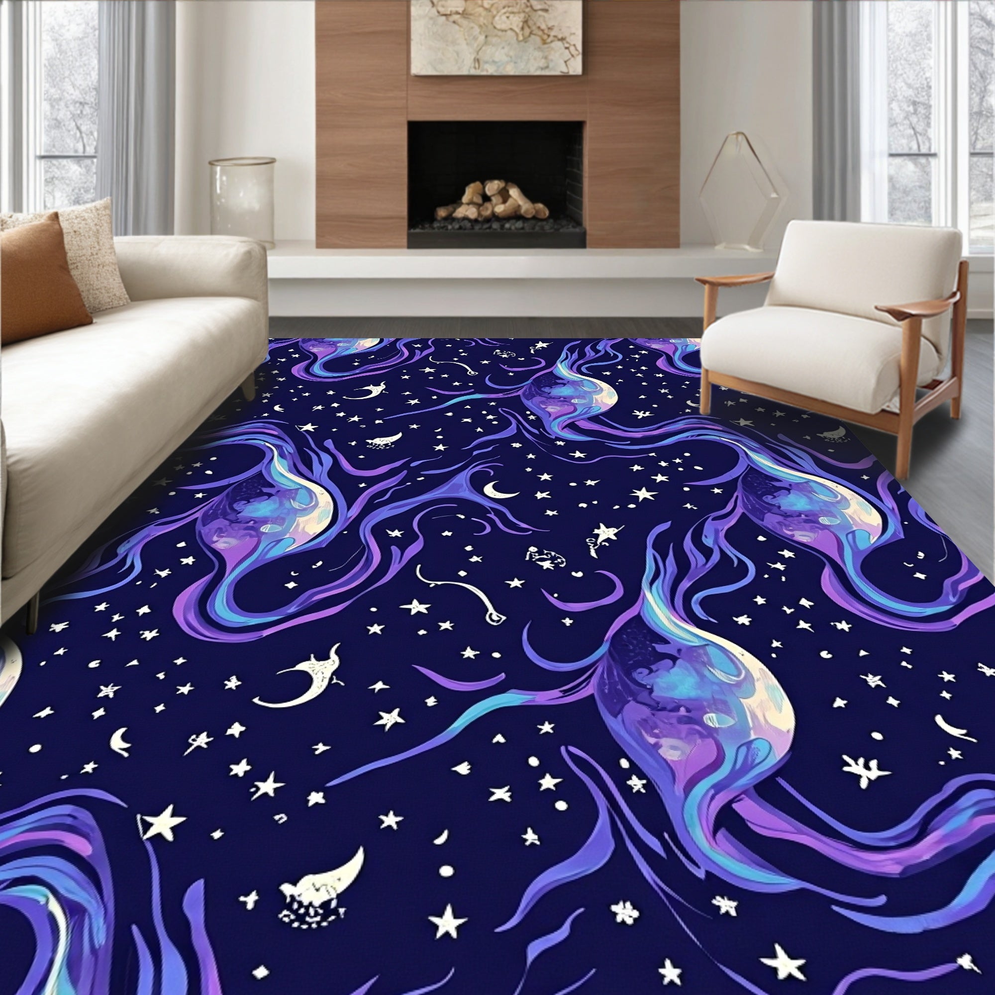 Cosmic Purple Nebula Swirl Stars Rug