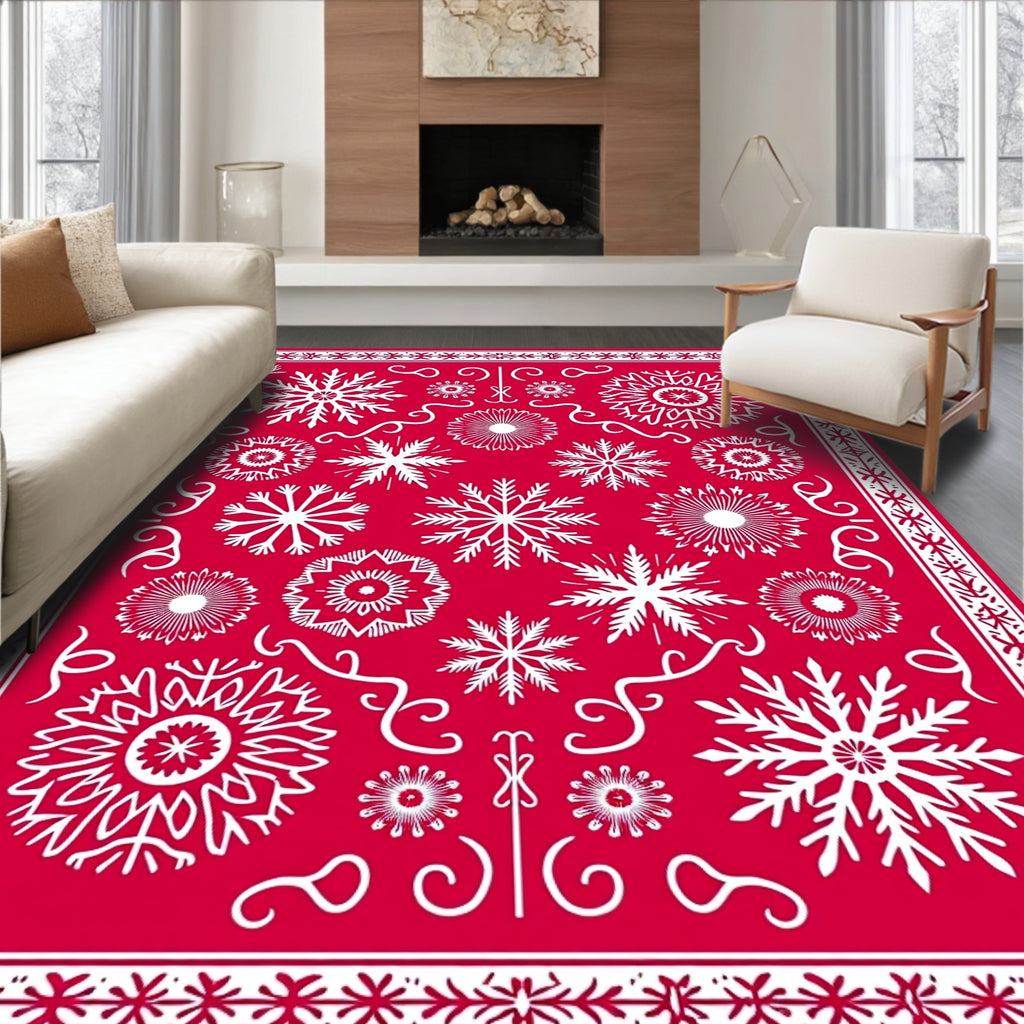 Crimson White Snowflake Medallion Collage Rug