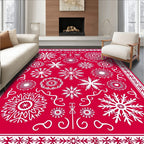 Crimson White Snowflake Medallion Collage Rug