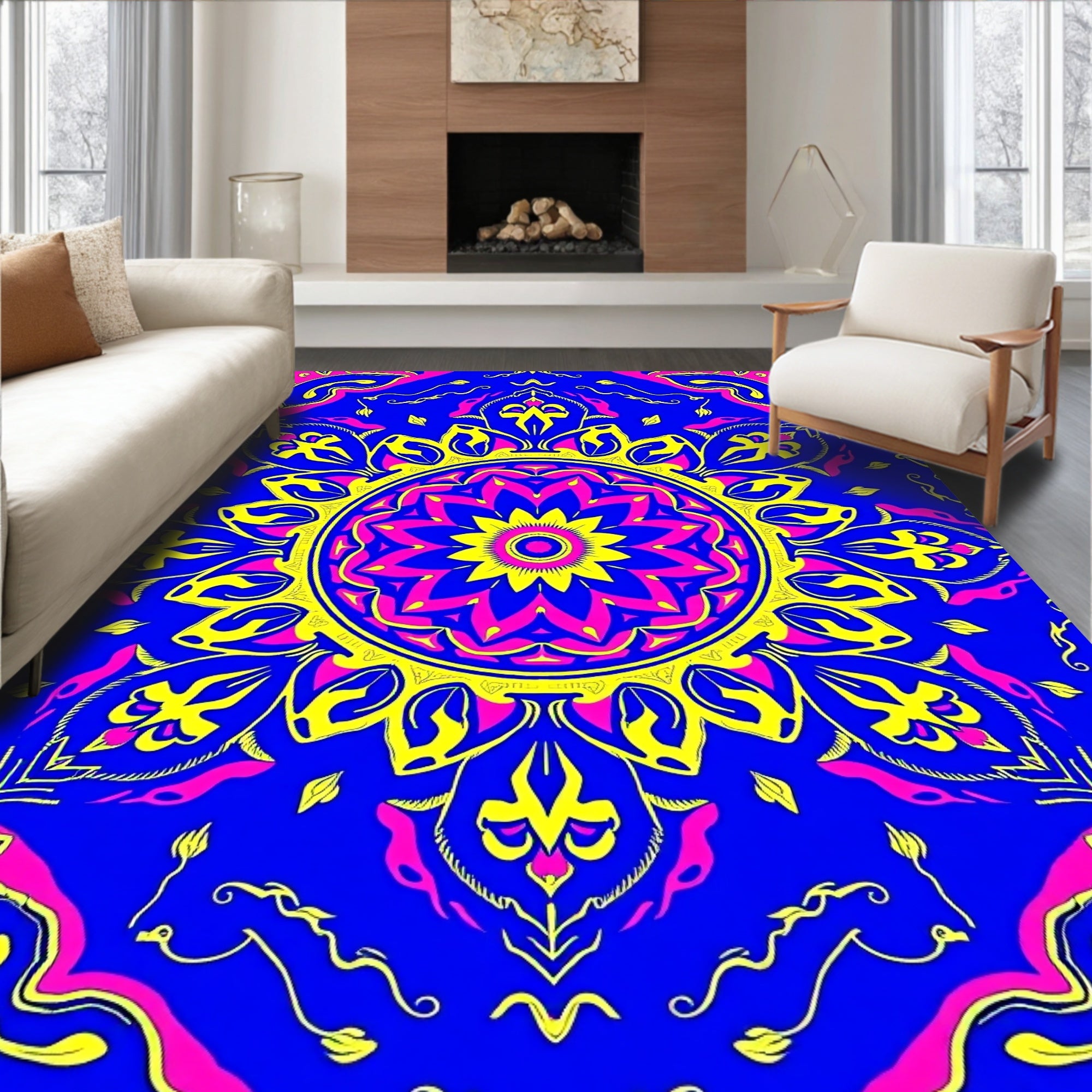 Vibrant Pink Yellow Blue Mandala Rug