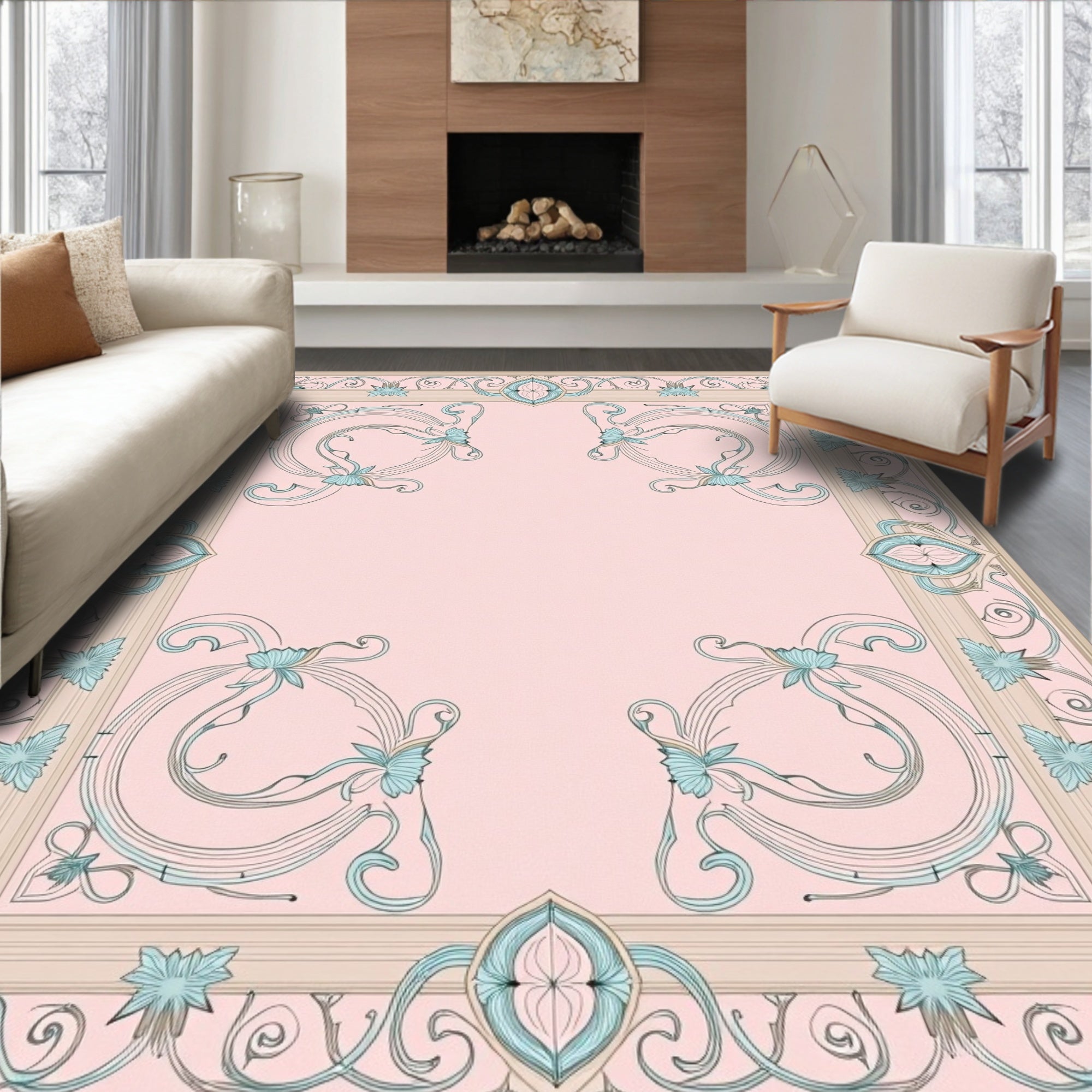 Art Nouveau Pink Floral Swirl Rug