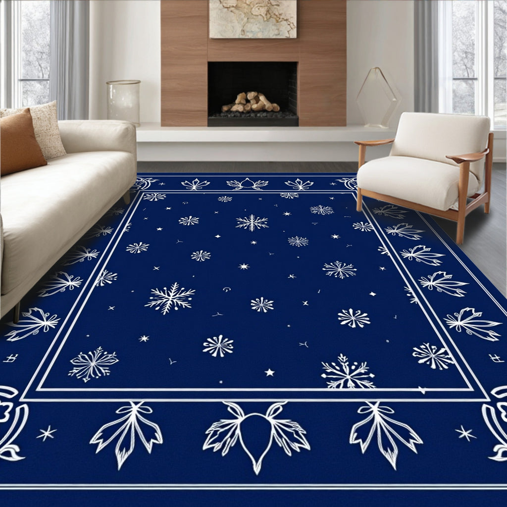 Deep Blue White Snowflake Winter Border Rug