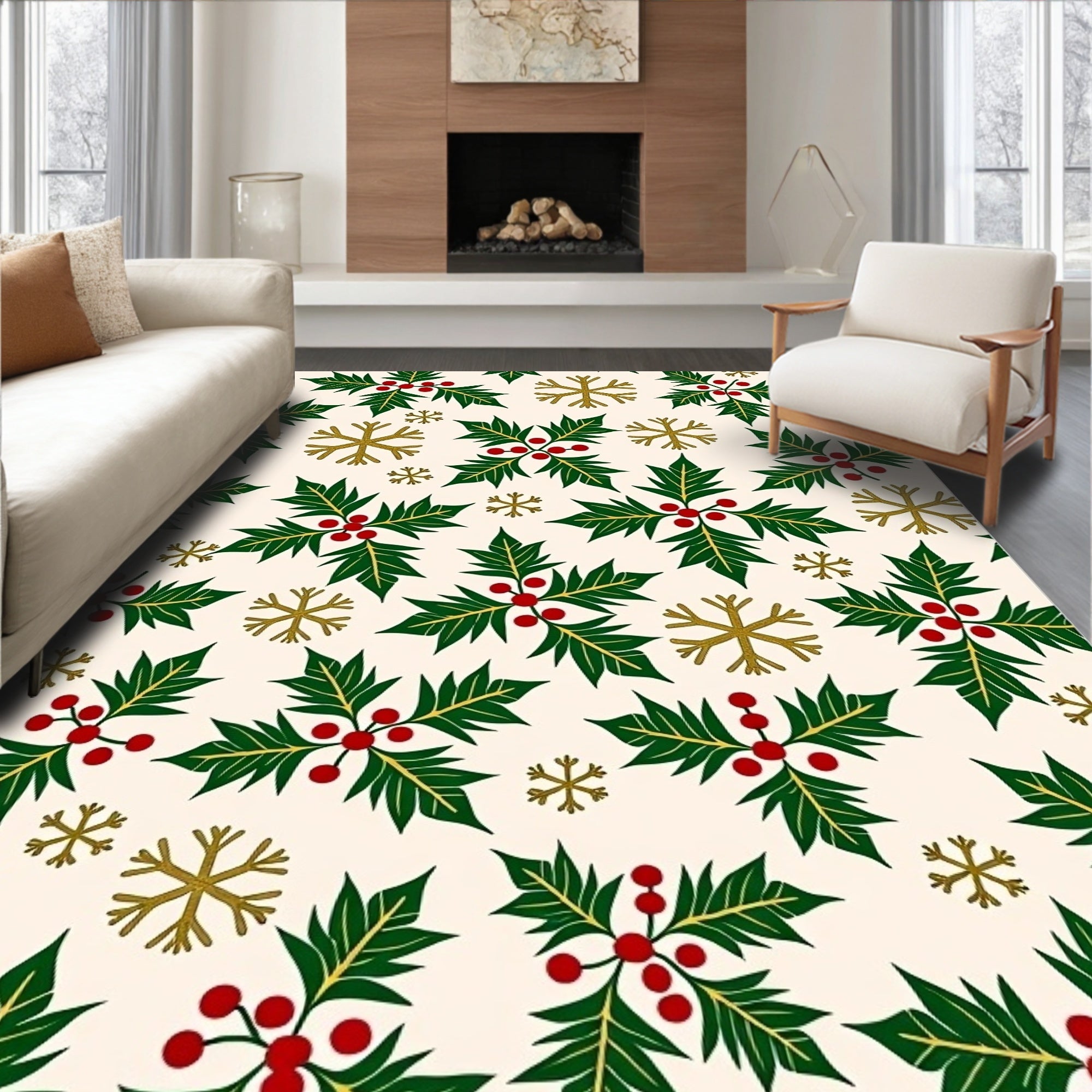 Festive Holly Berry Gold Snowflake Rug