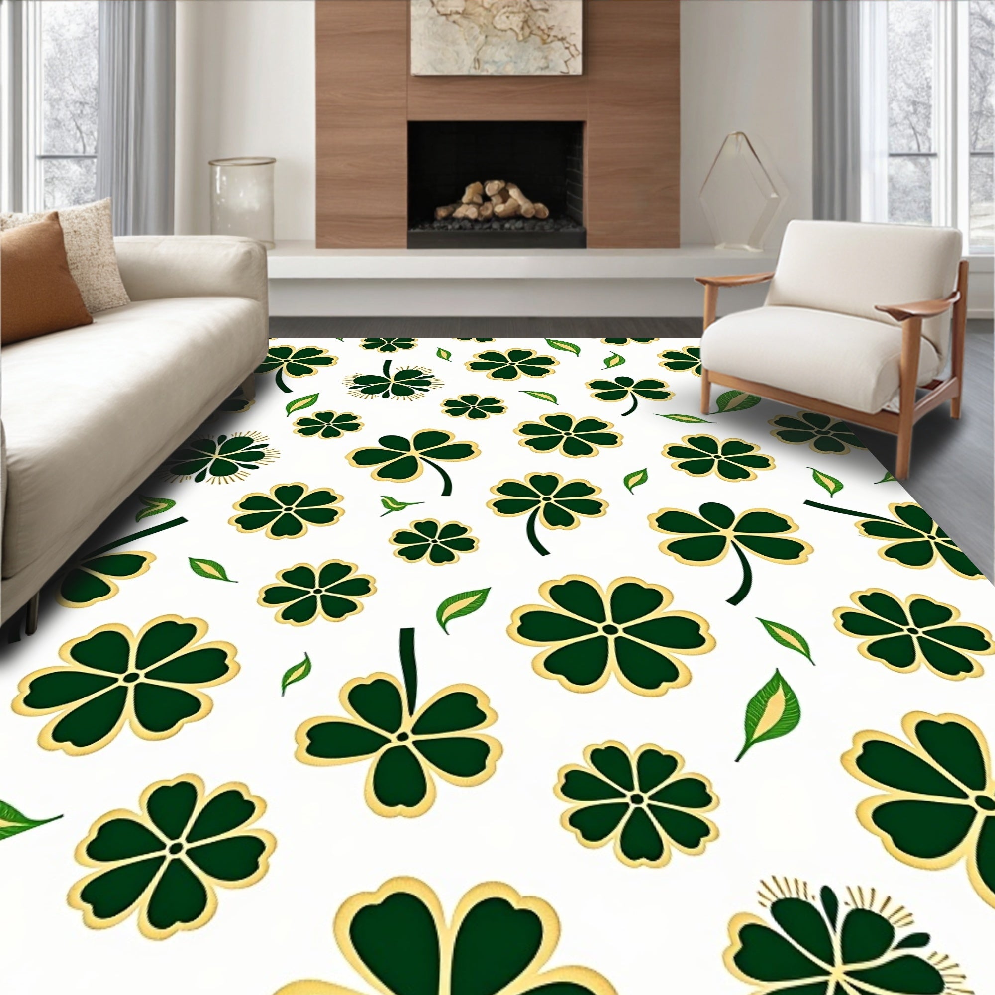 Lucky Clover Leaves Gold Accented Rug