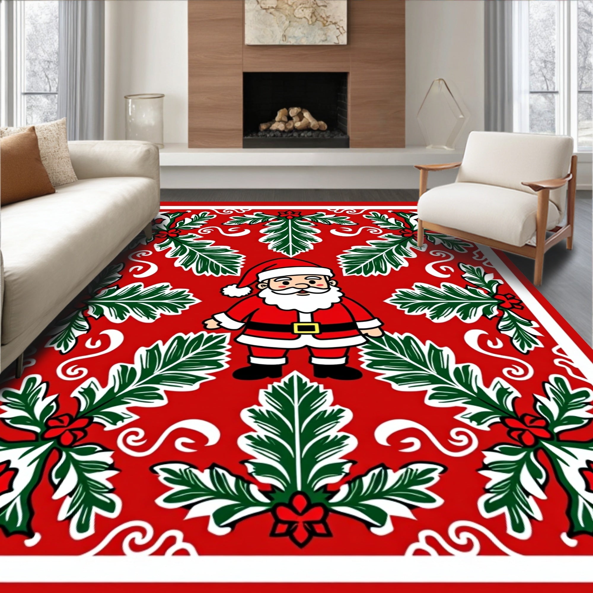 Jolly Red Santa Holly Garland Rug