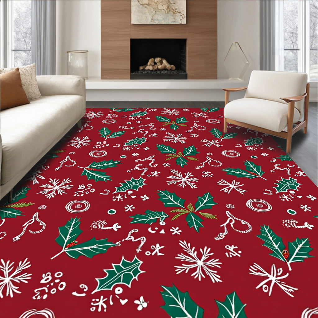 Red Holly Snowflake Whimsical Garlands Rug