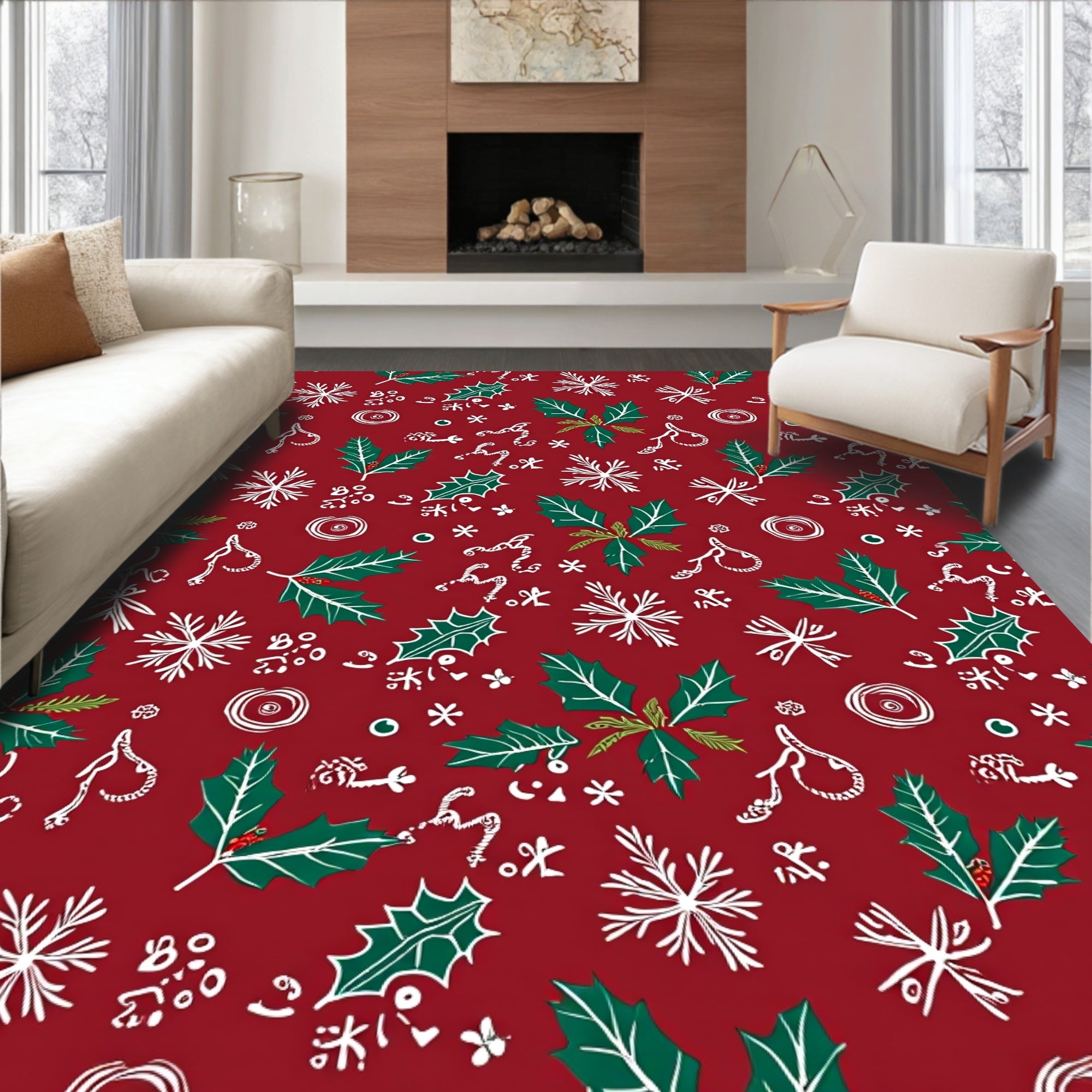 Red Holly Snowflake Whimsical Garlands Rug