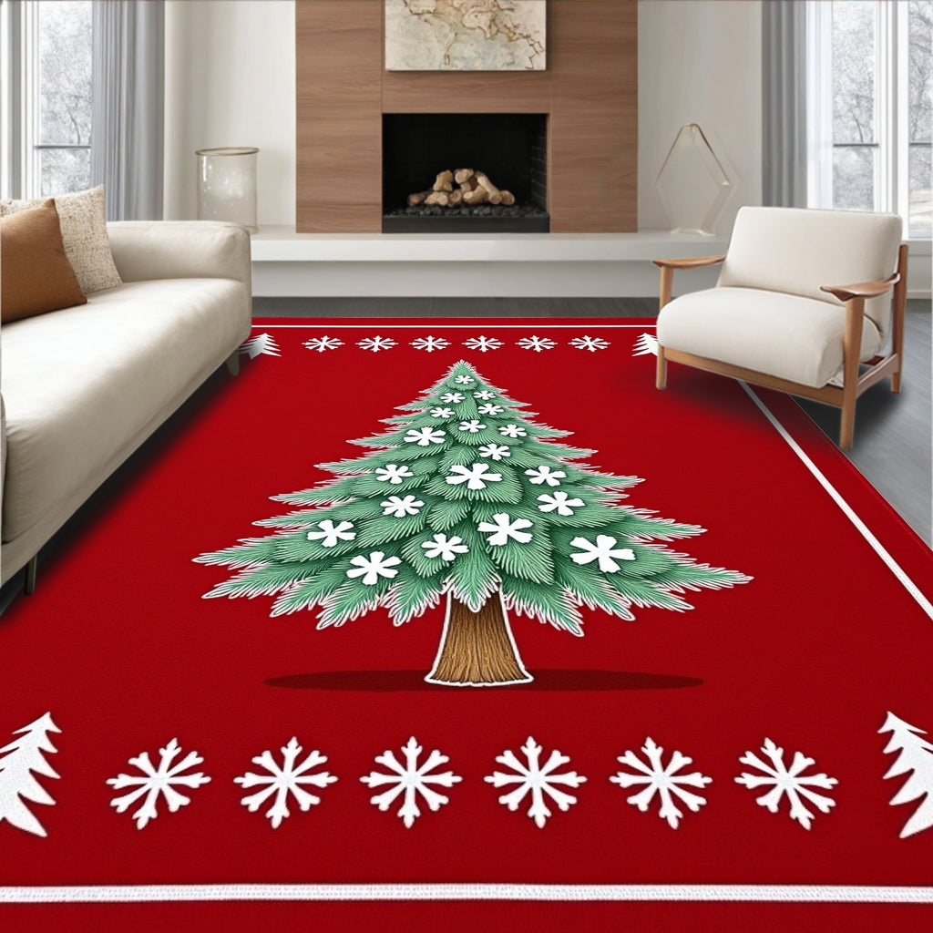 Red Christmas Tree Snowflake Border Rug