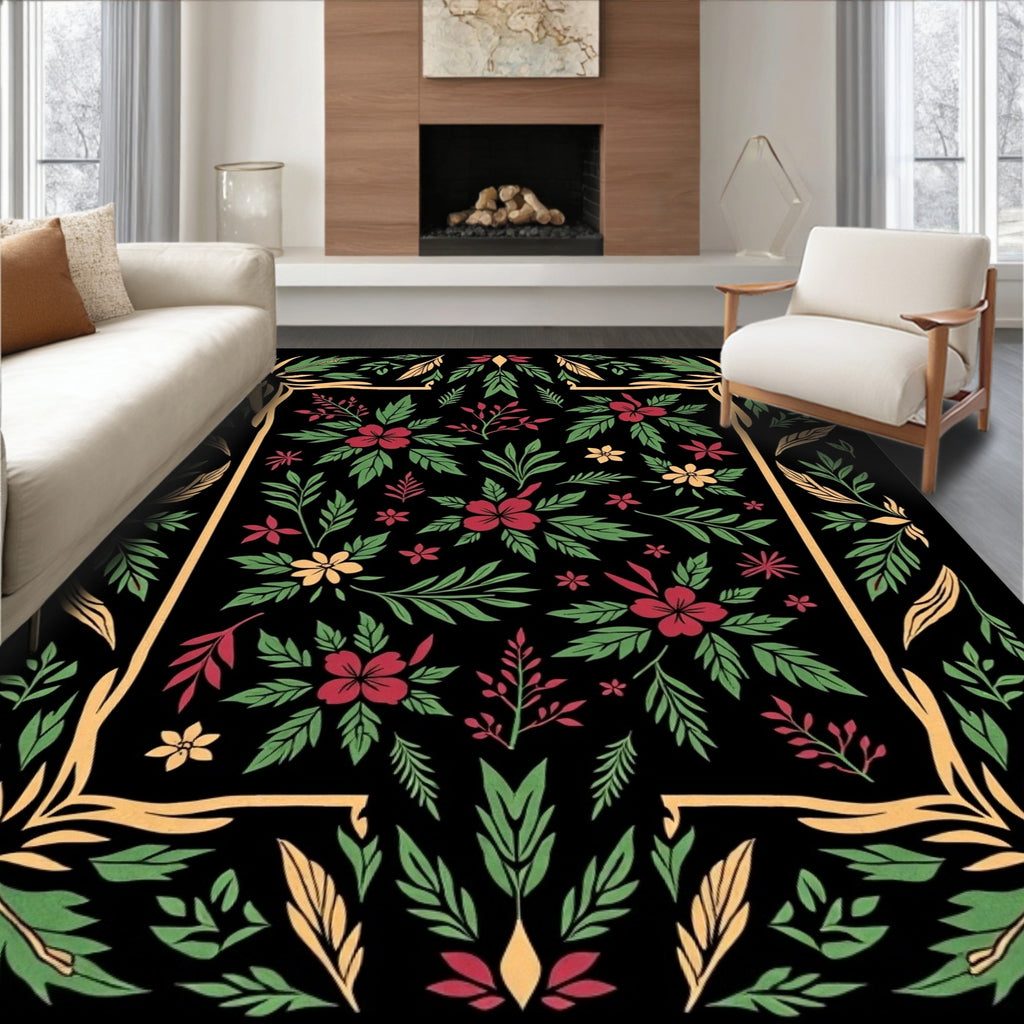 Crimson Yellow Green Floral Garden Frame Rug