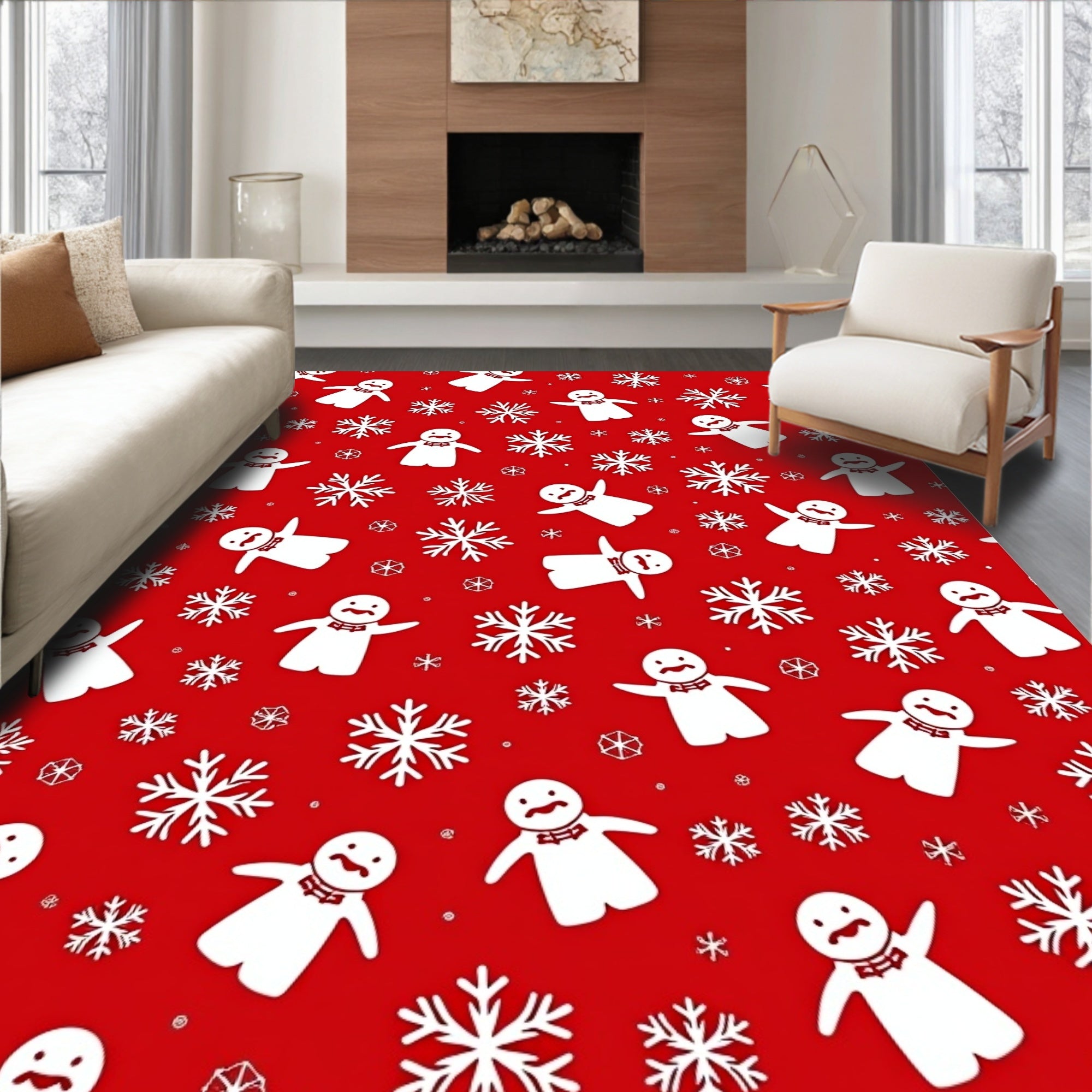 Red White Snowman Snowflake Scene Rug