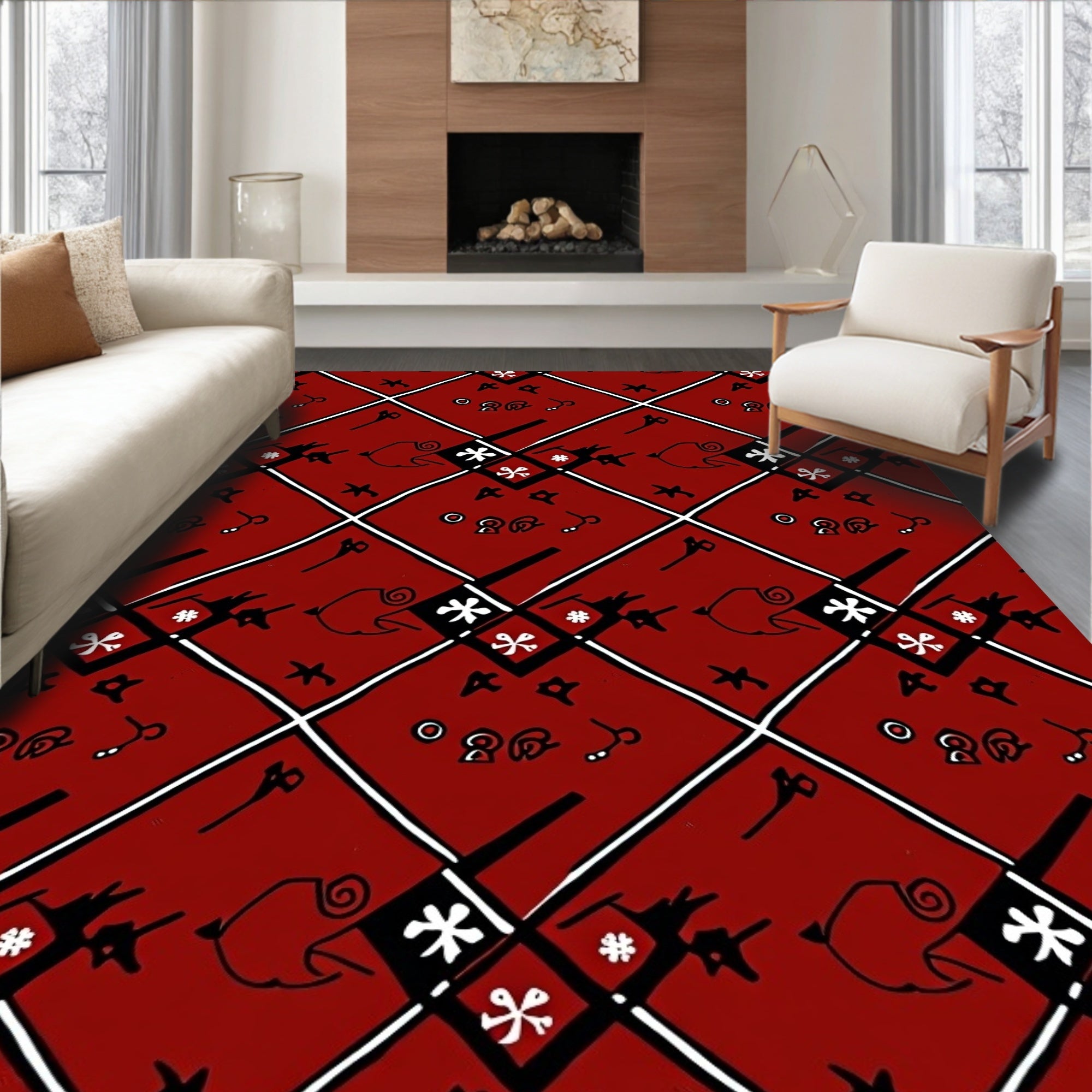 Crimson Diamond Tribal Sketch Medallion Rug