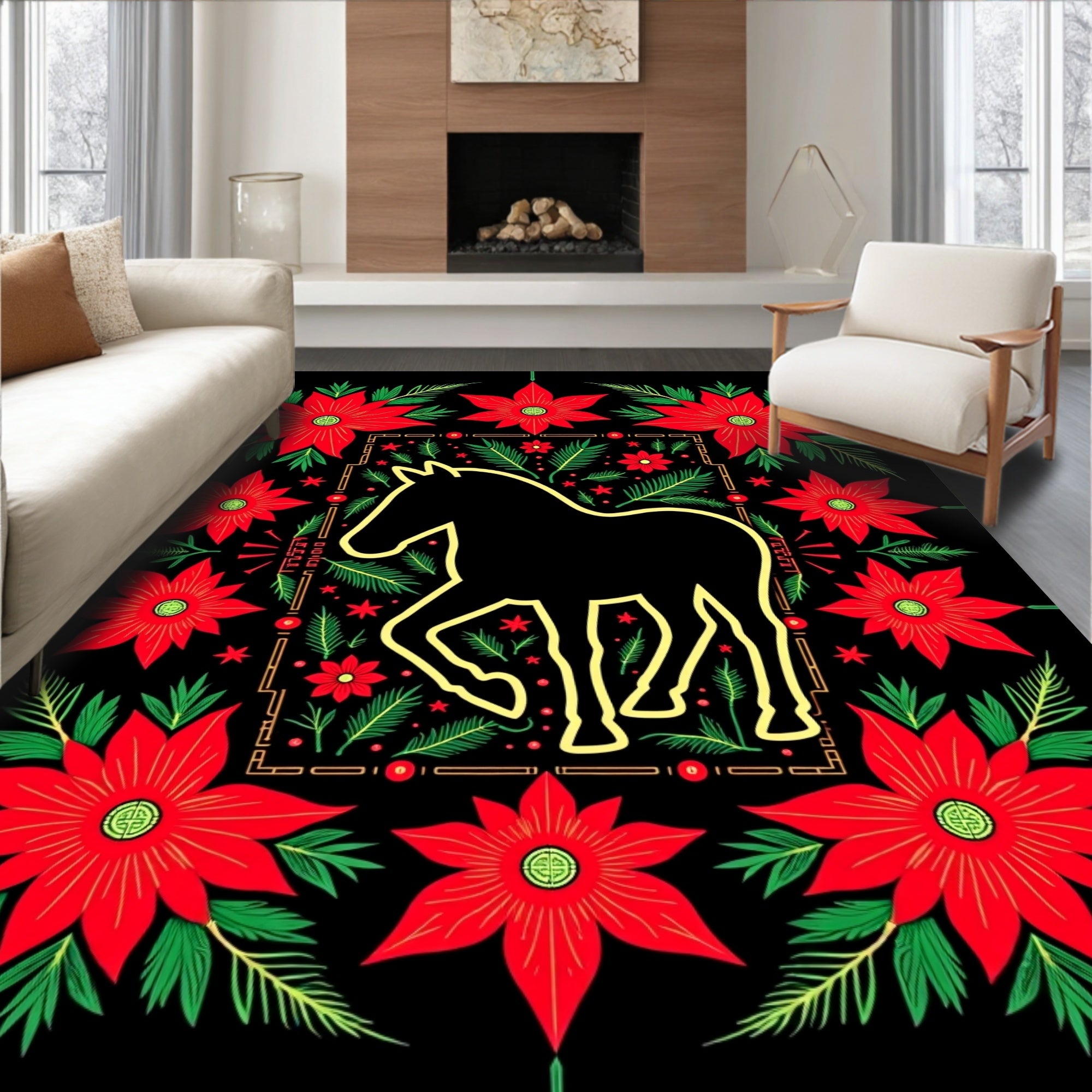 Golden Silhouette Horse Red Poinsettia Garland Rug