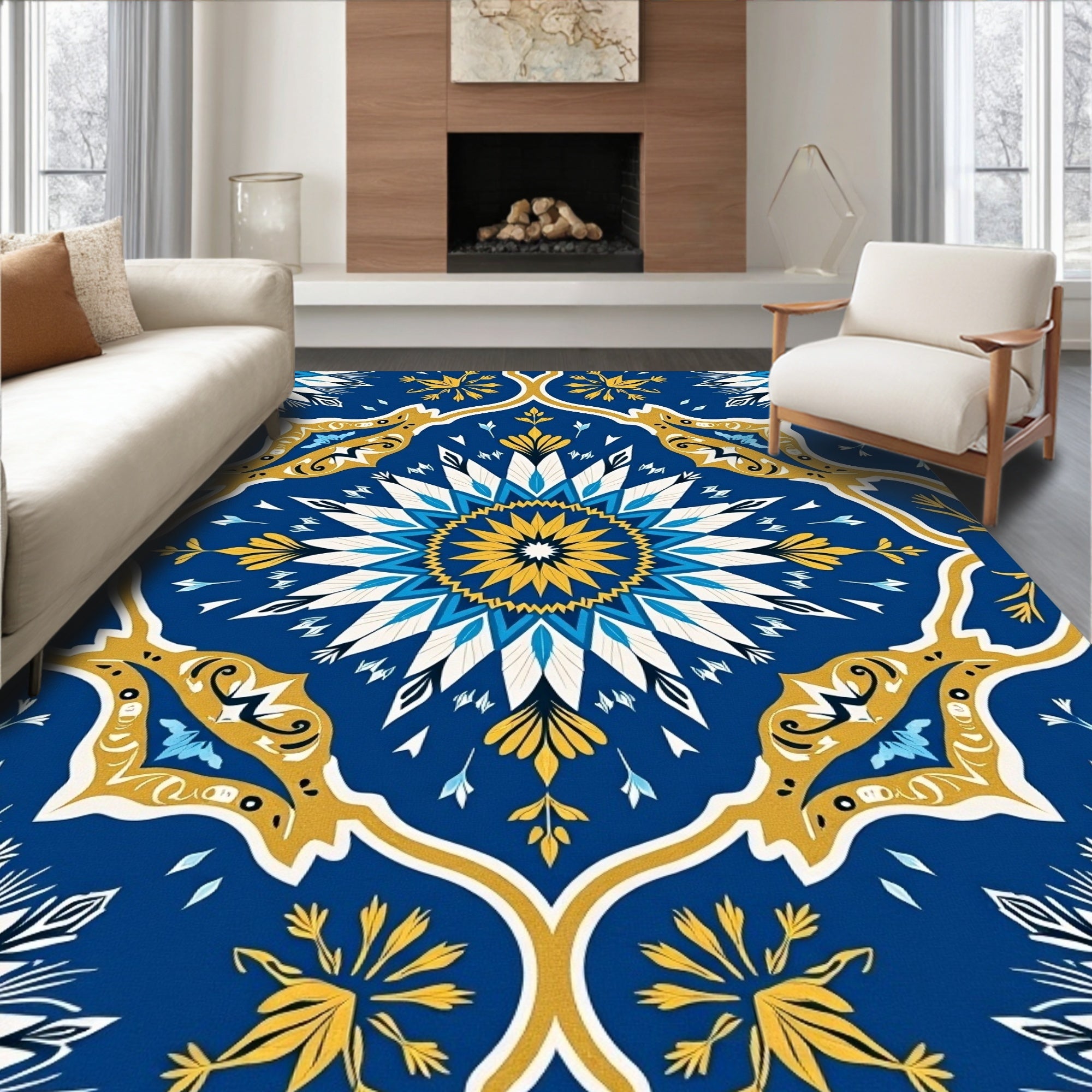 Ocean Blue Golden Medallion Floral Rug