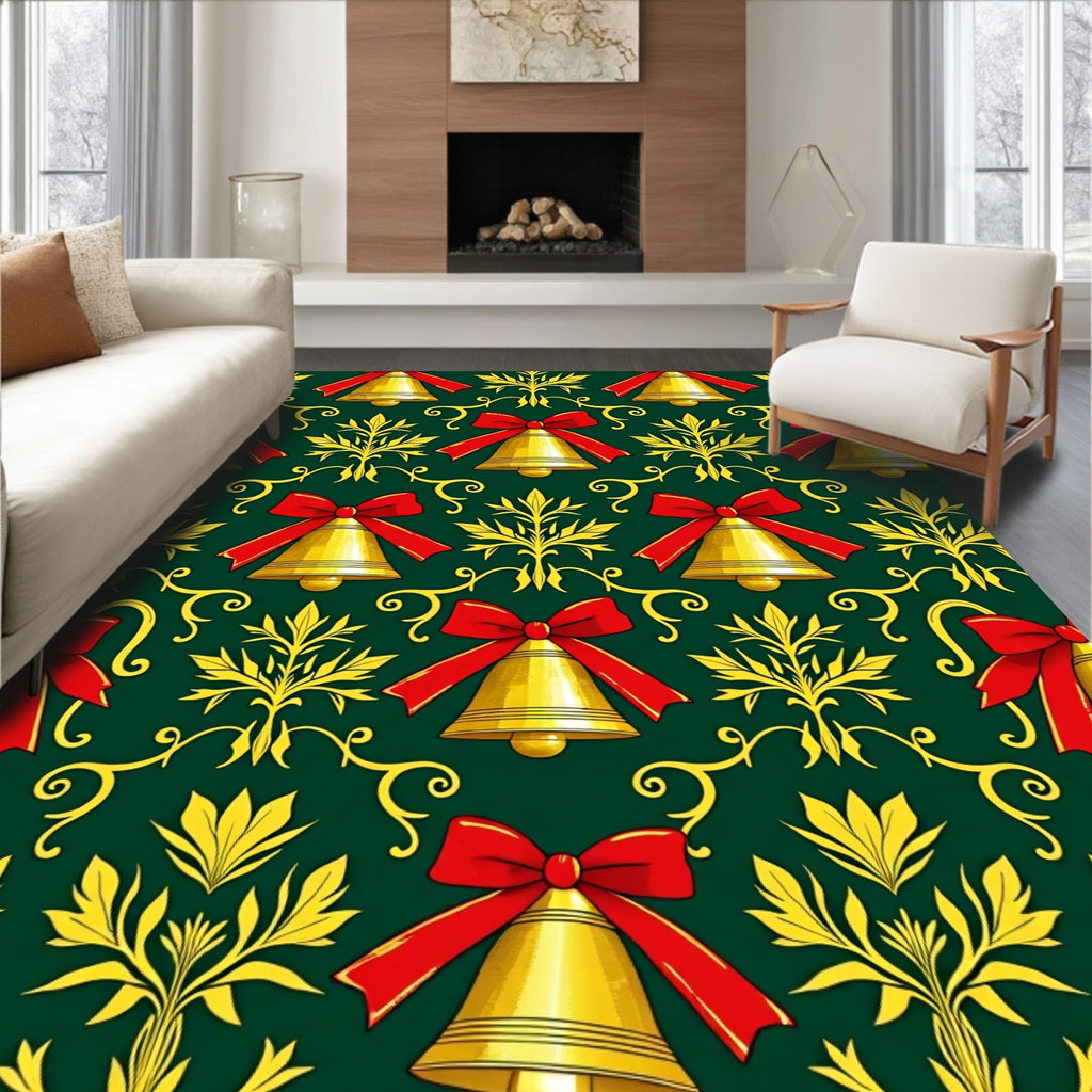 Gold Bells Red Bow Festive Green Accent Rug