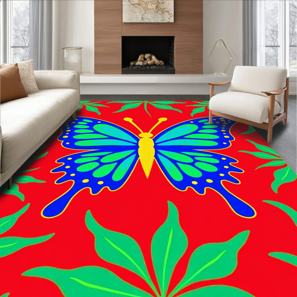 Vibrant Blue Butterfly Foliage Rug