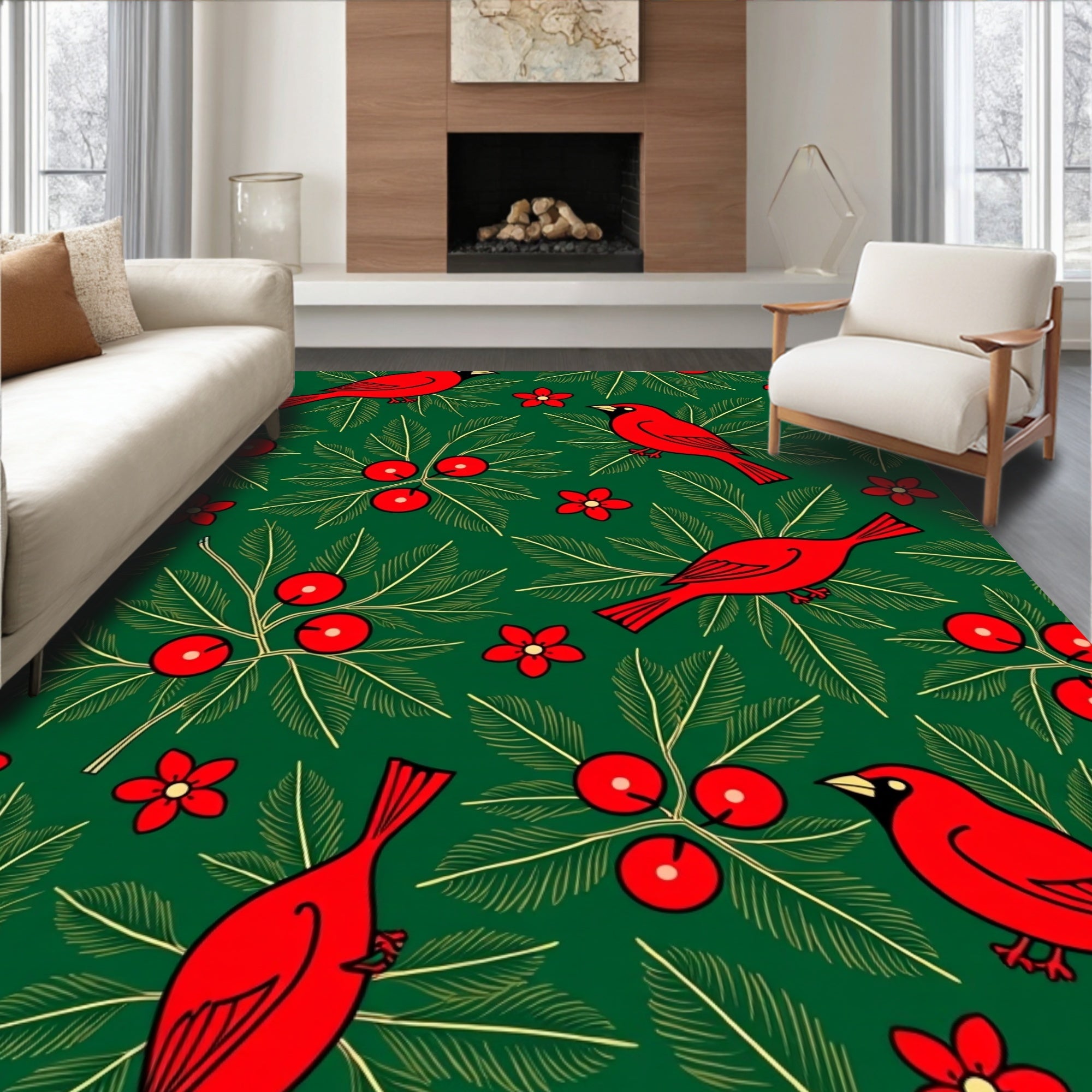 Vibrant Red Cardinal Floral Illustration Rug