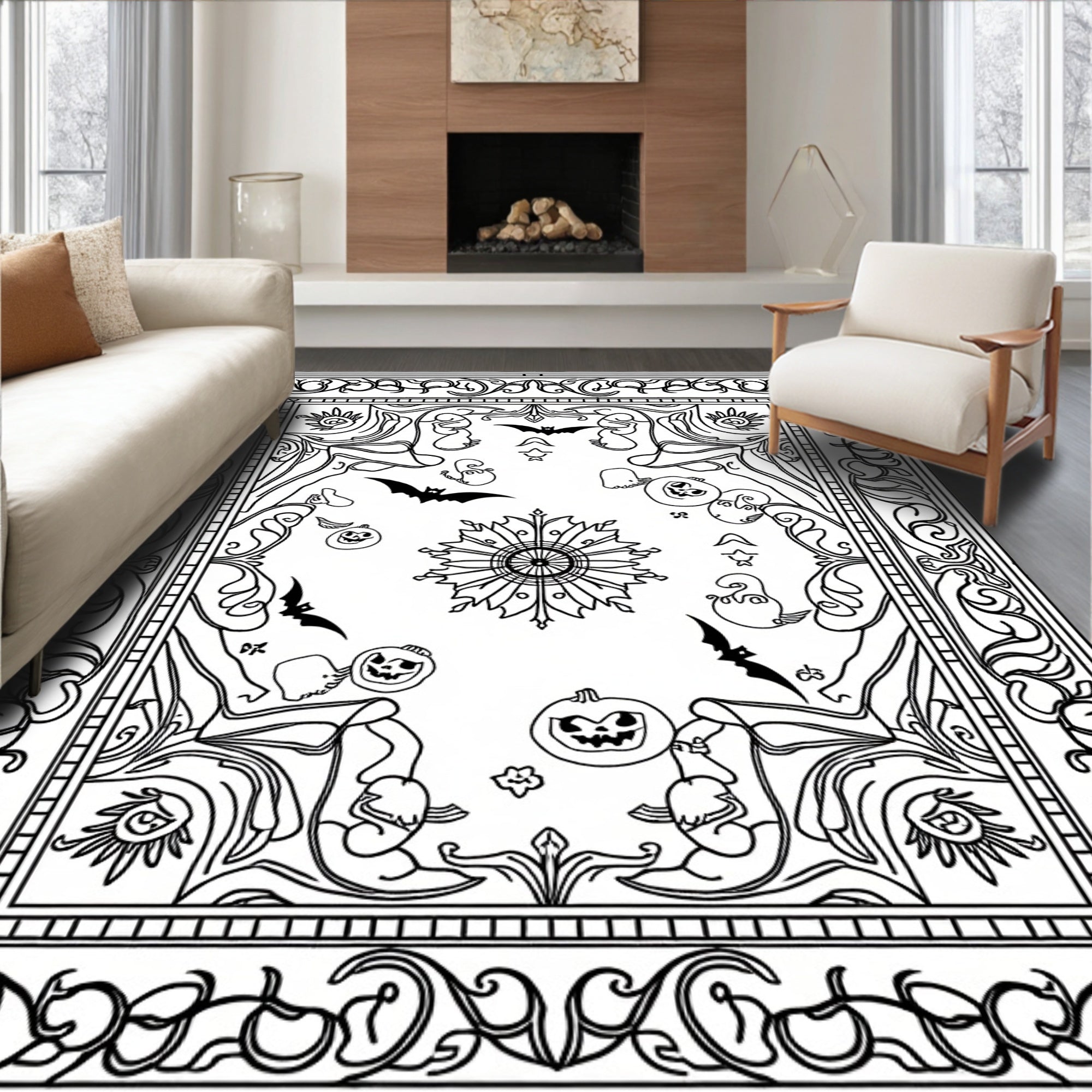 Spooky Halloween Black Ghosts Bats Pumpkins Rug