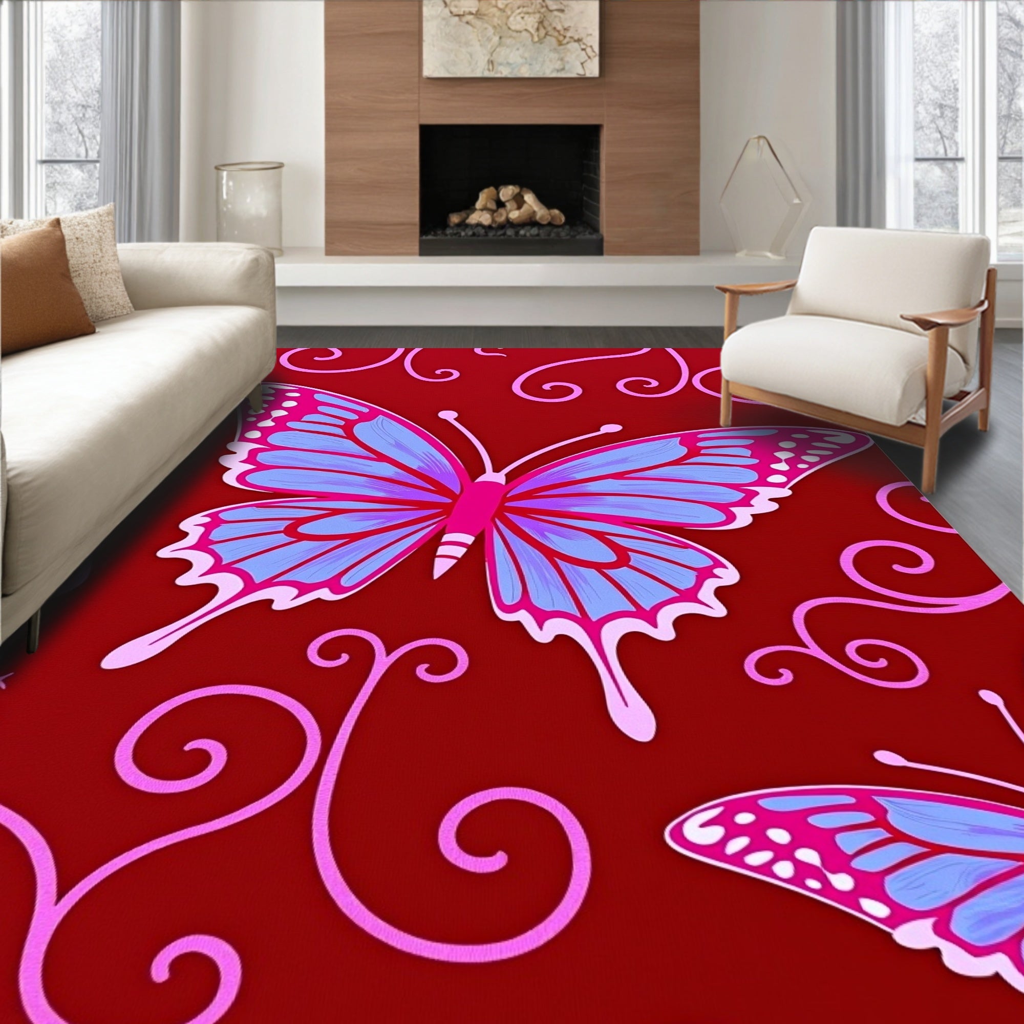 Vibrant Crimson Butterfly Swirl Rug