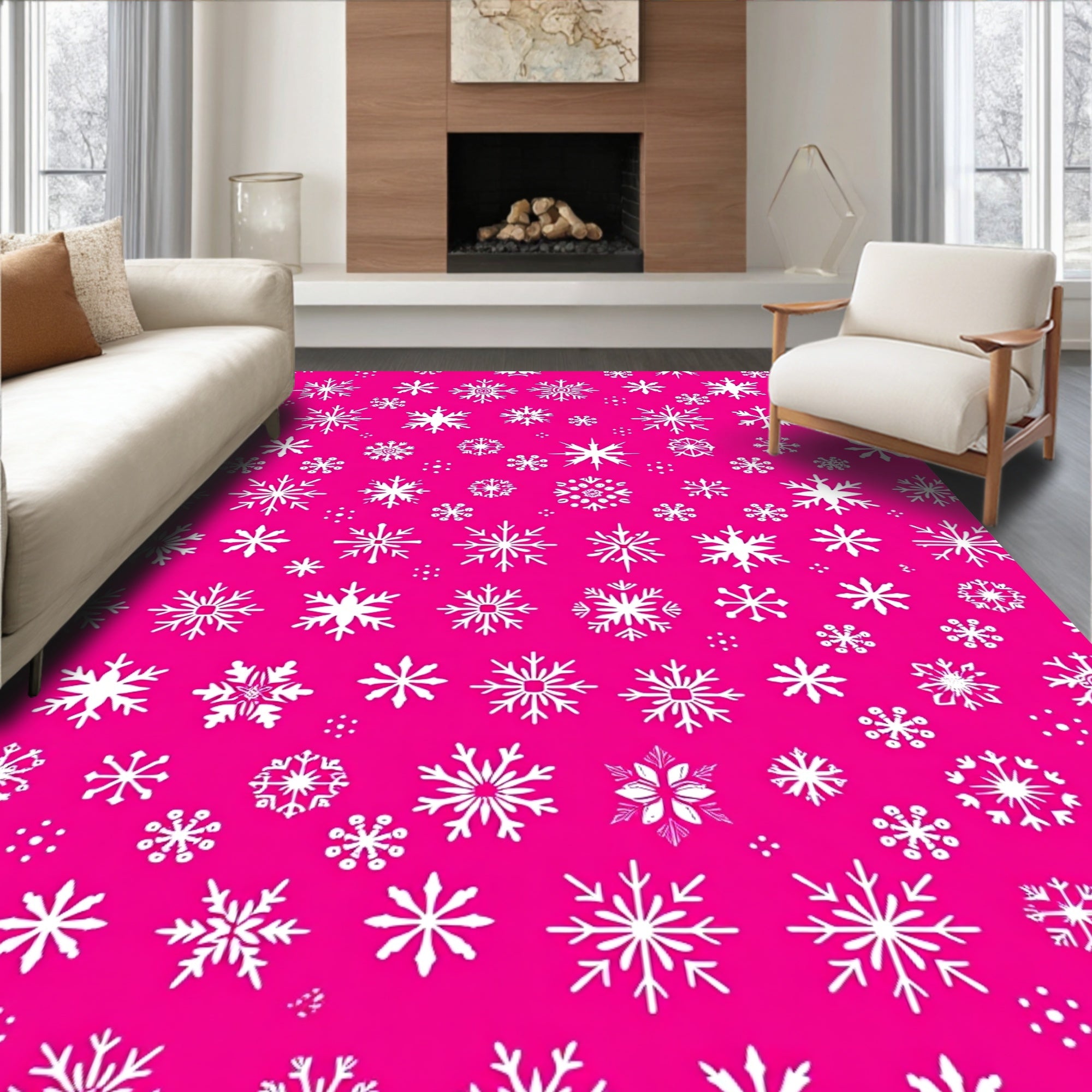Pink White Snowflake Cluster Array Rug