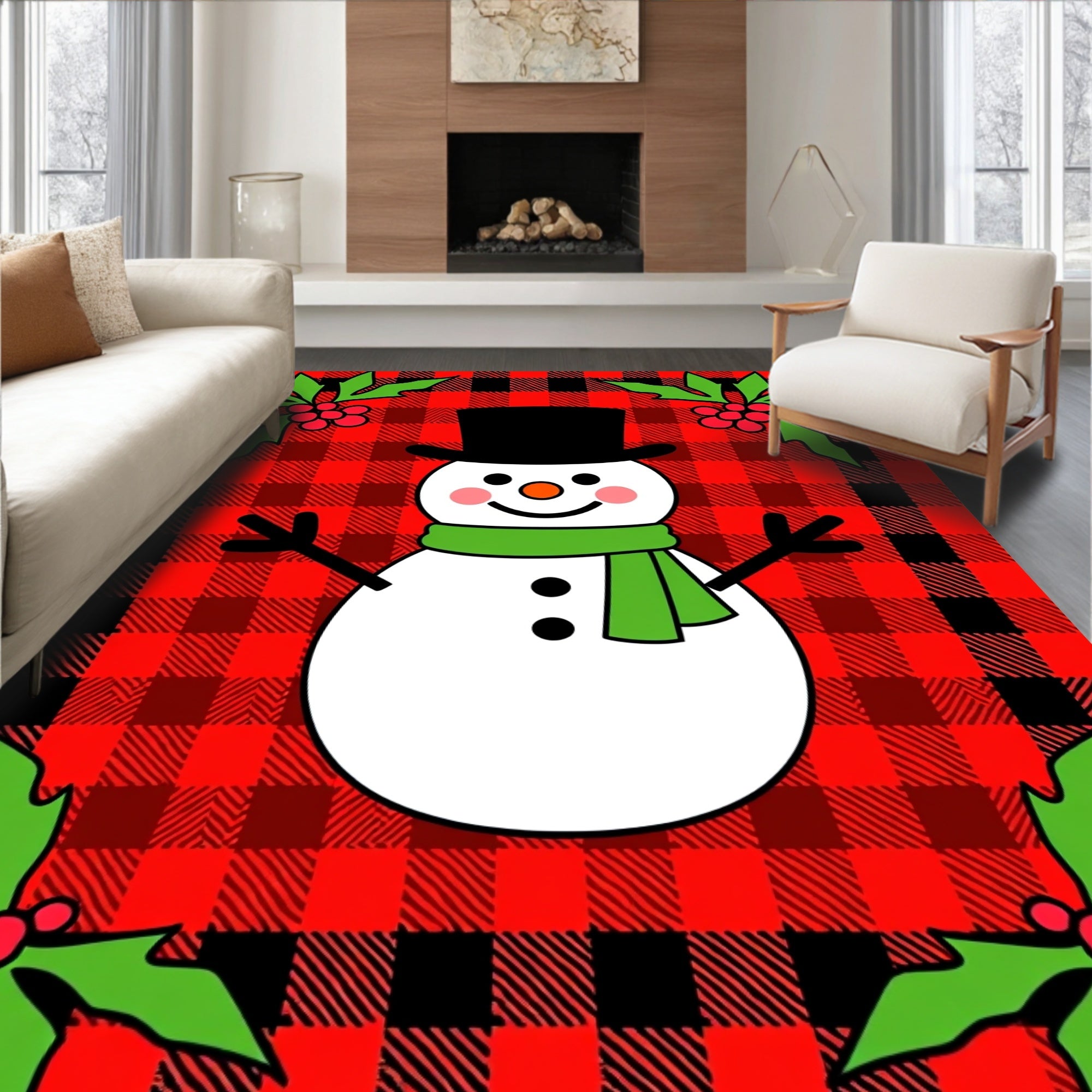Cheery Snowman Plaid Holly Accent Rug