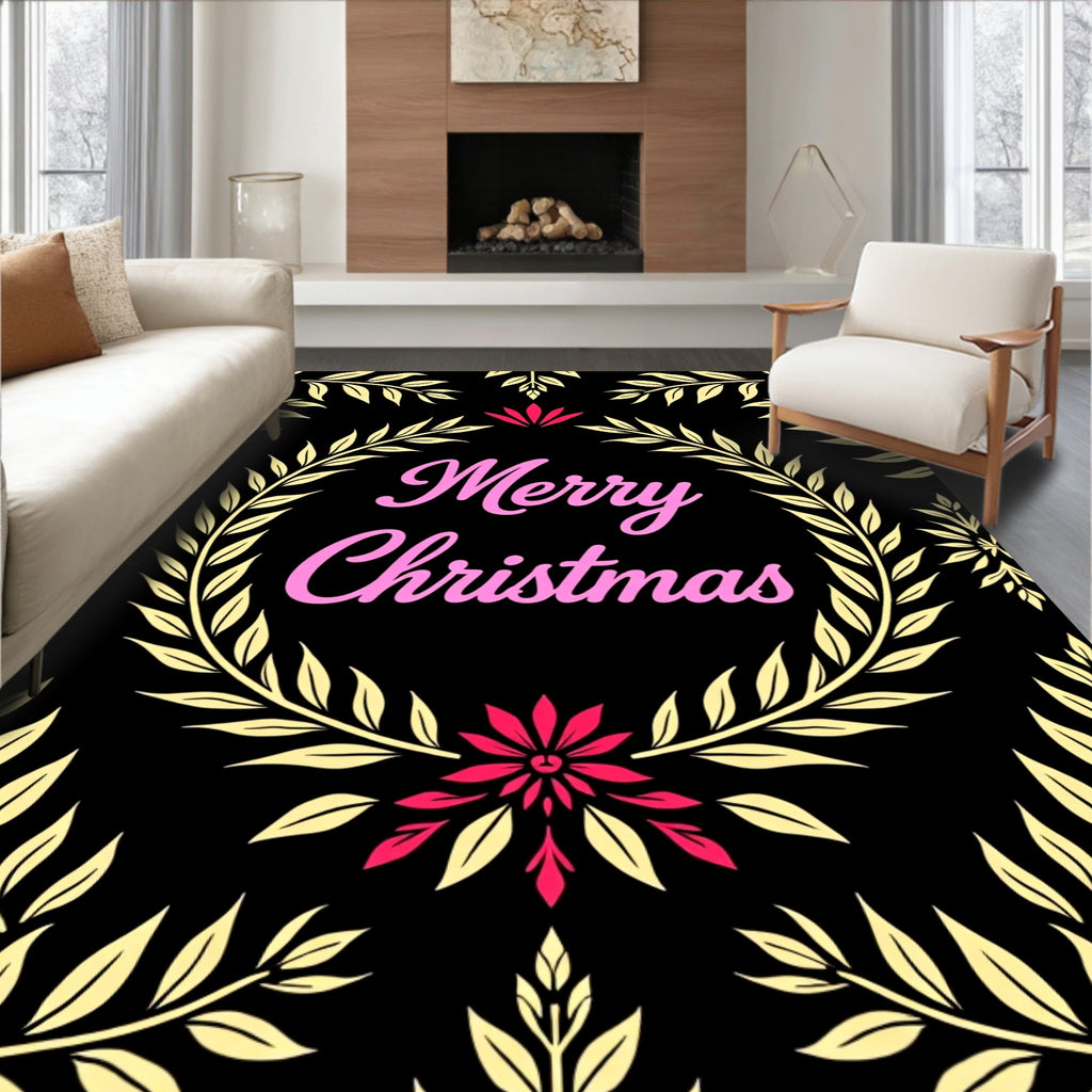 Pink Merry Christmas Laurel Wreath Rug