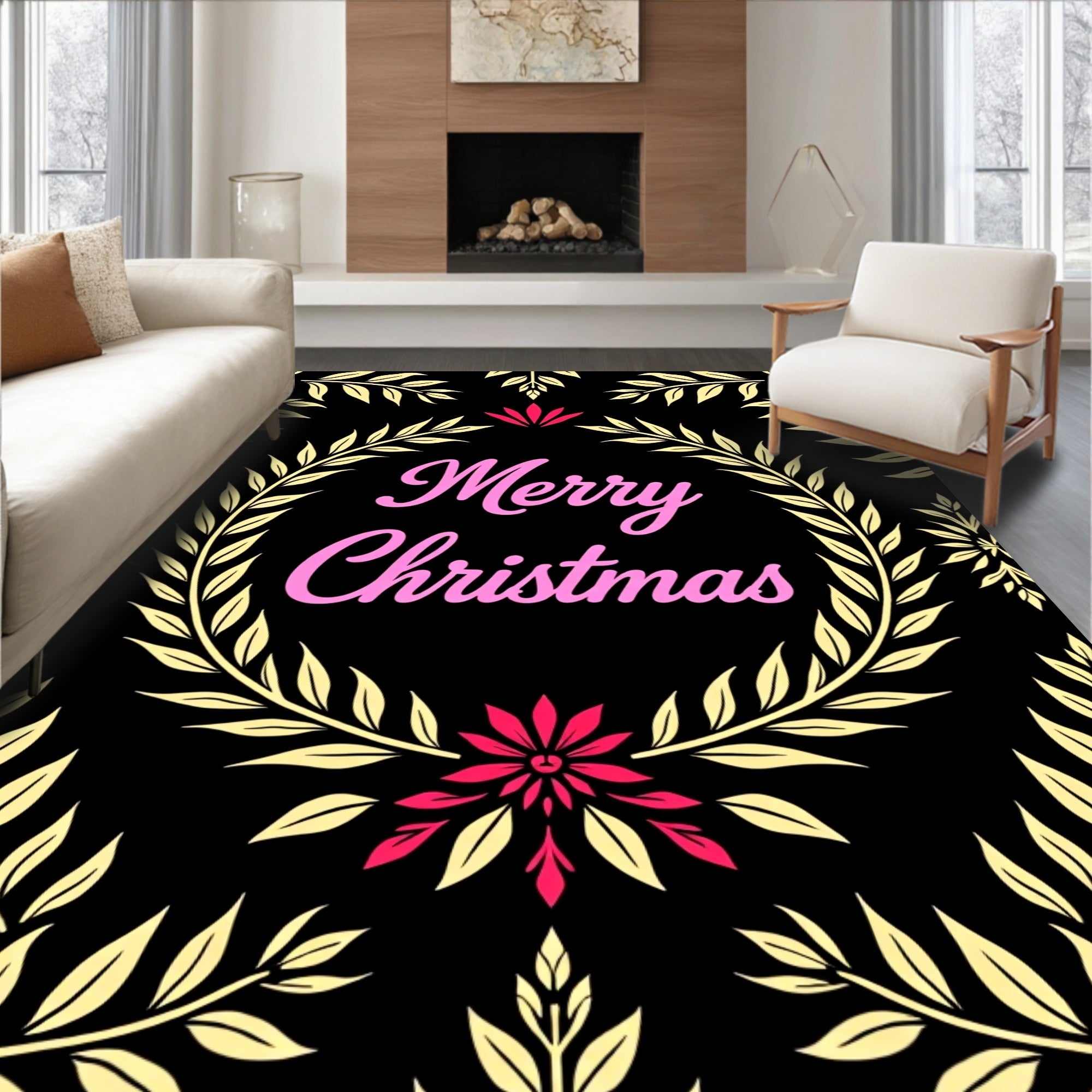 Pink Merry Christmas Laurel Wreath Rug