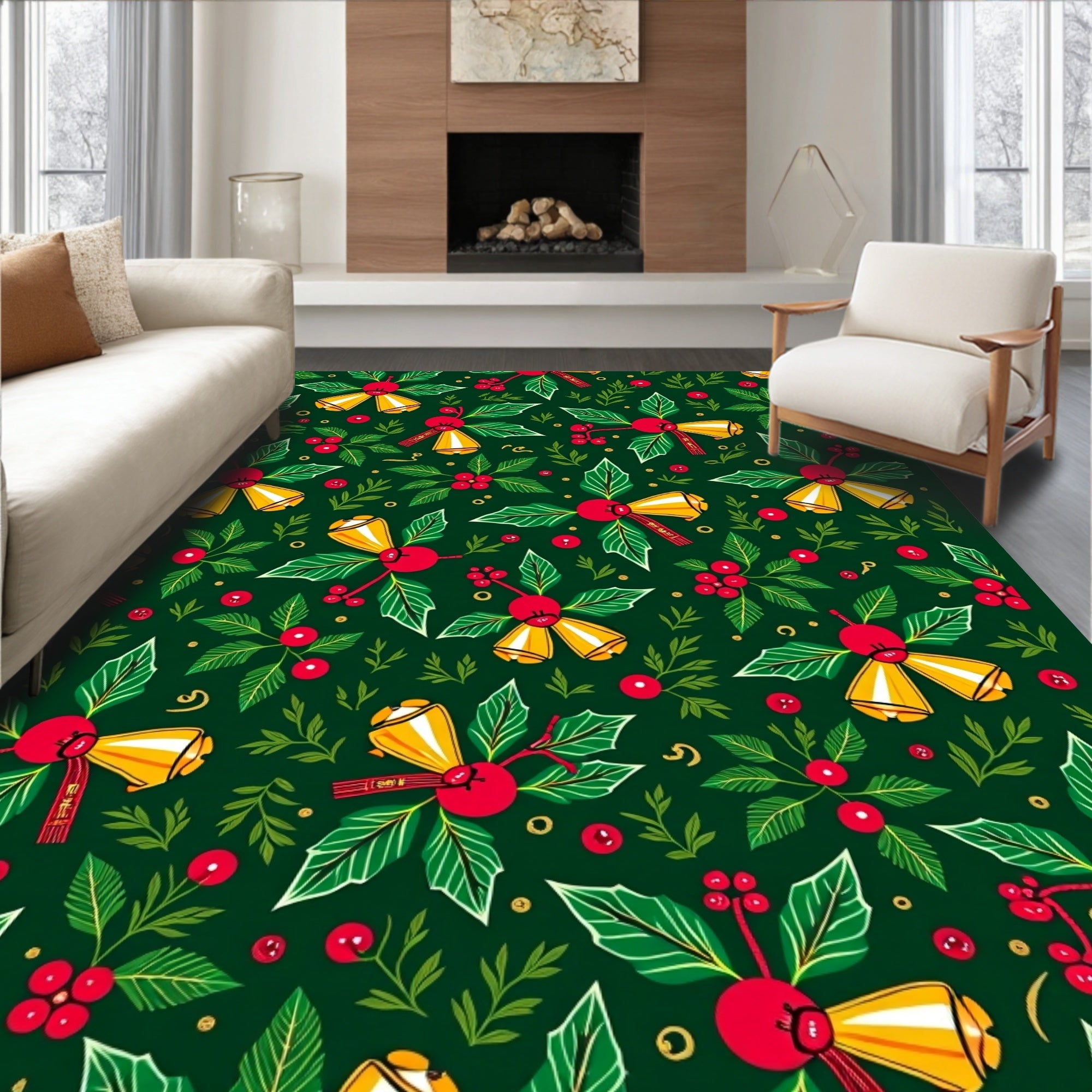 Red Green Gold Holly Berry Bells Rug
