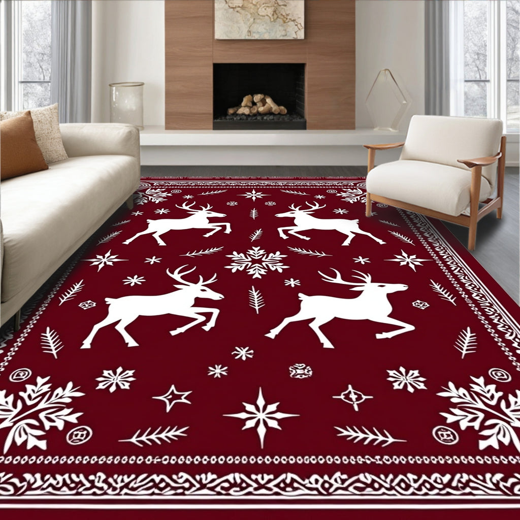Deep Red Woodland Reindeer Snowflakes Rug