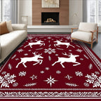 Deep Red Woodland Reindeer Snowflakes Rug