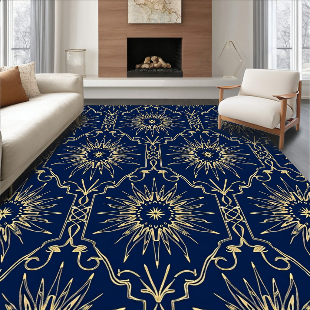 Golden Sunburst Art Deco Navy Rug
