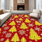 Golden Deer Snowflakes Christmas Trees Red Rug