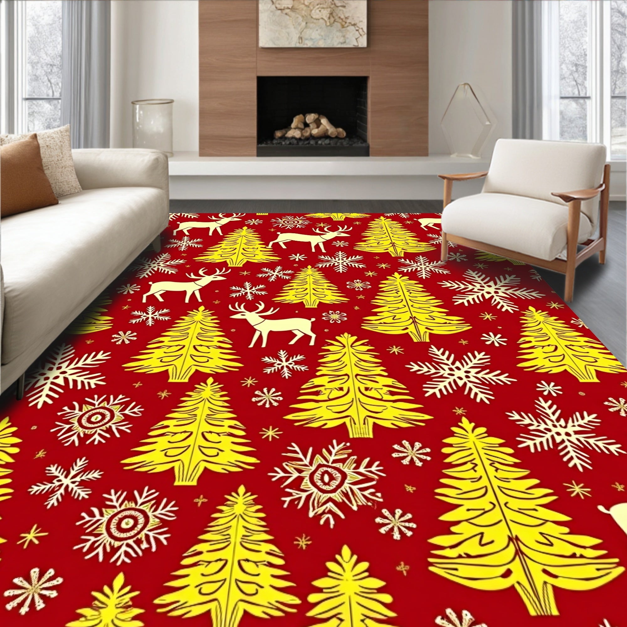 Golden Deer Snowflakes Christmas Trees Red Rug