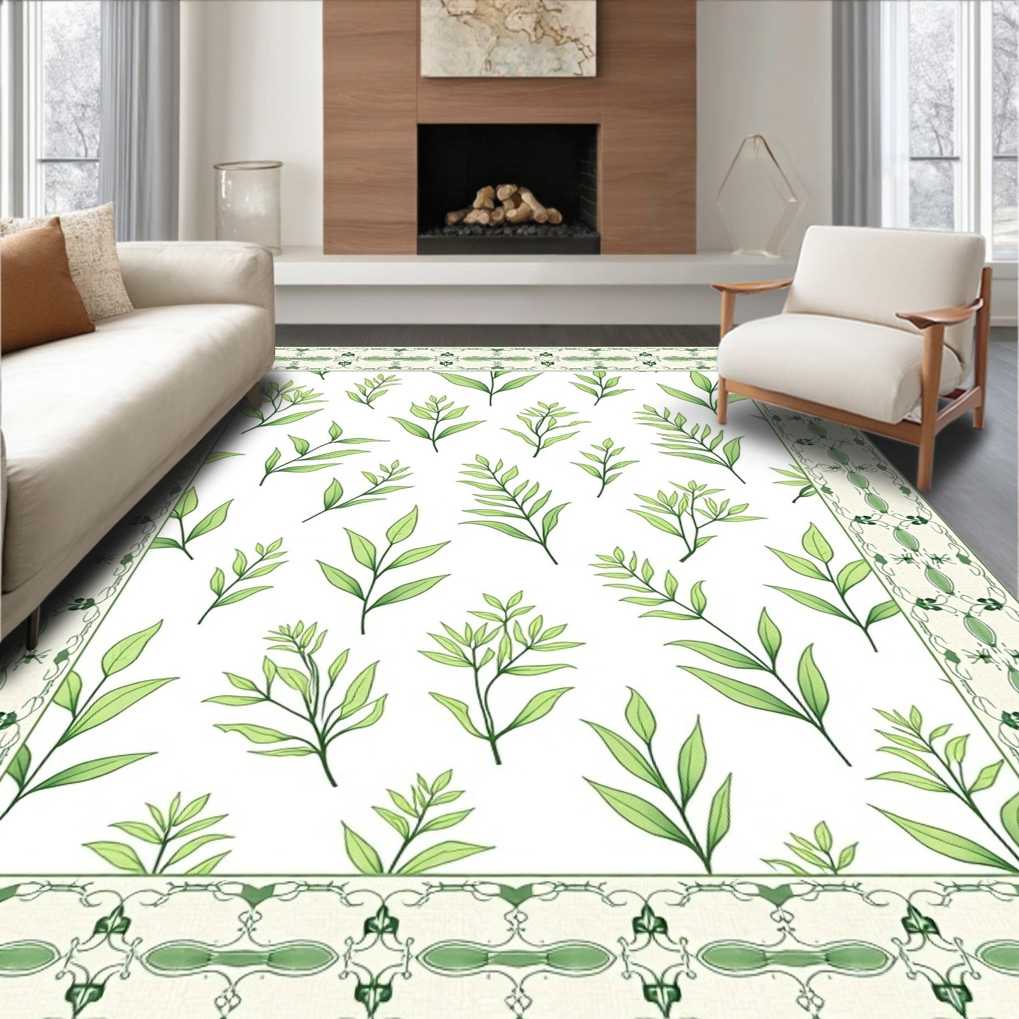 Light Green Leafy Border Botanical Rug