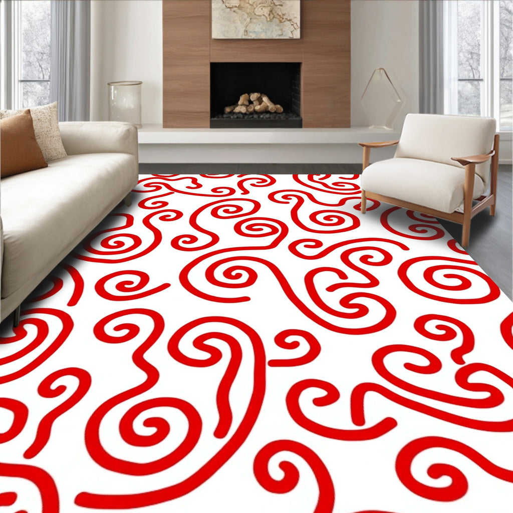 Crimson Swirl Abstract Curls Rug