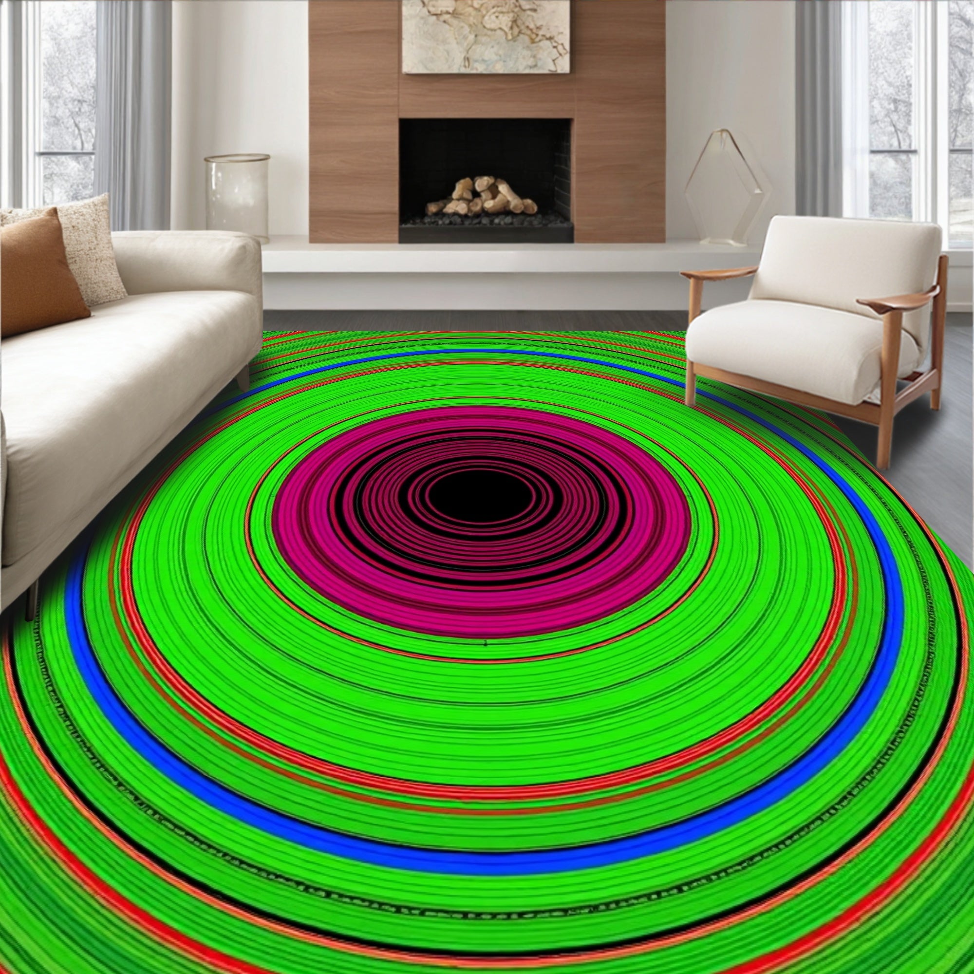 Vibrant Green Magenta Blue Concentric Circles Rug